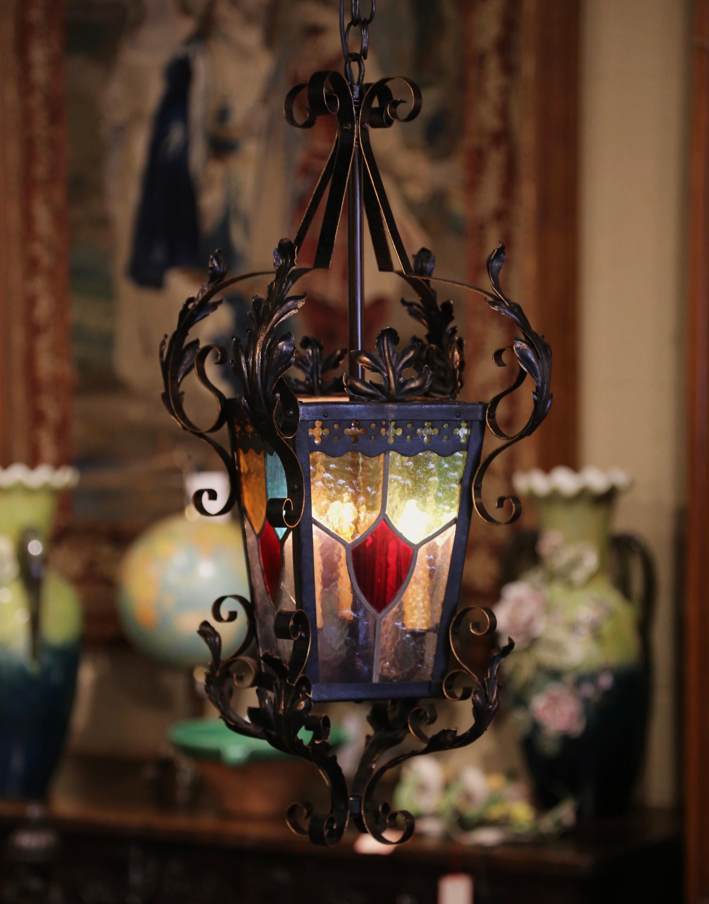 19th Century French Napoleon III Iron Lantern with Painted Stained Glass Panels For Sale 3