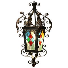 Antique 19th Century, French Napoleon III Iron Lantern with Painted Stained Glass Panels