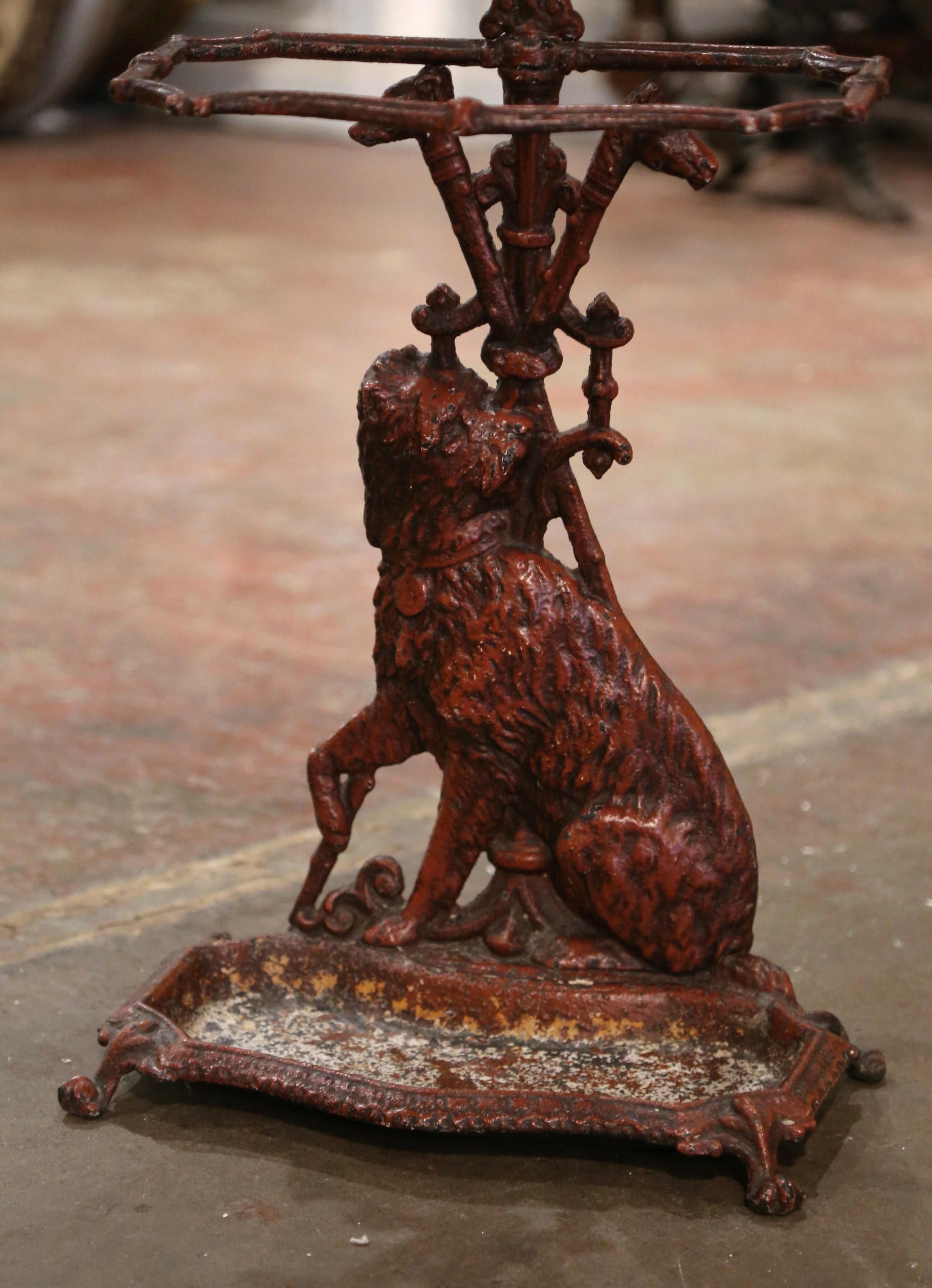 Patinated 19th Century French Napoleon III Iron Umbrella Stand with Dog Motif For Sale