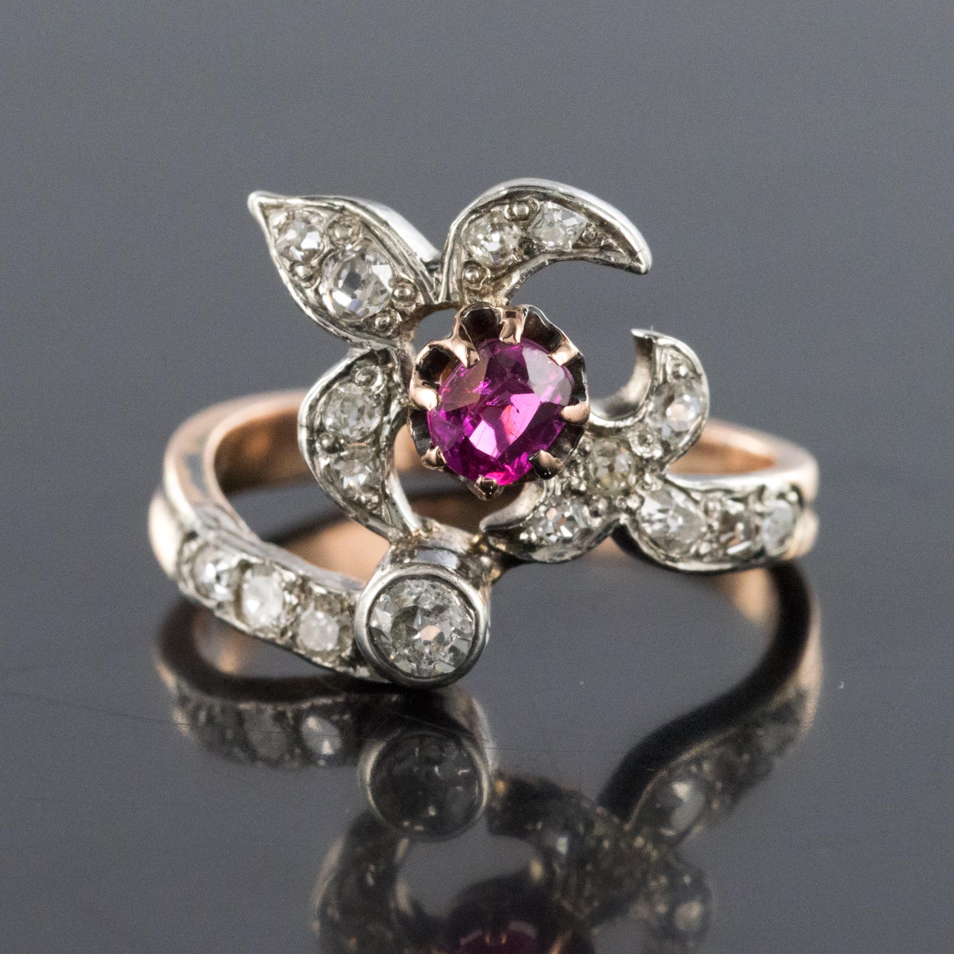 19th Century French Napoleon III Lily Flower Shape Ruby Diamond Rose Gold Ring 6
