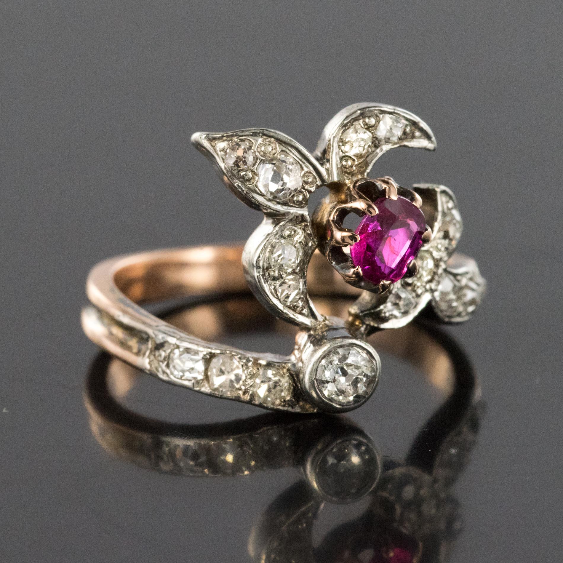 19th Century French Napoleon III Lily Flower Shape Ruby Diamond Rose Gold Ring 7