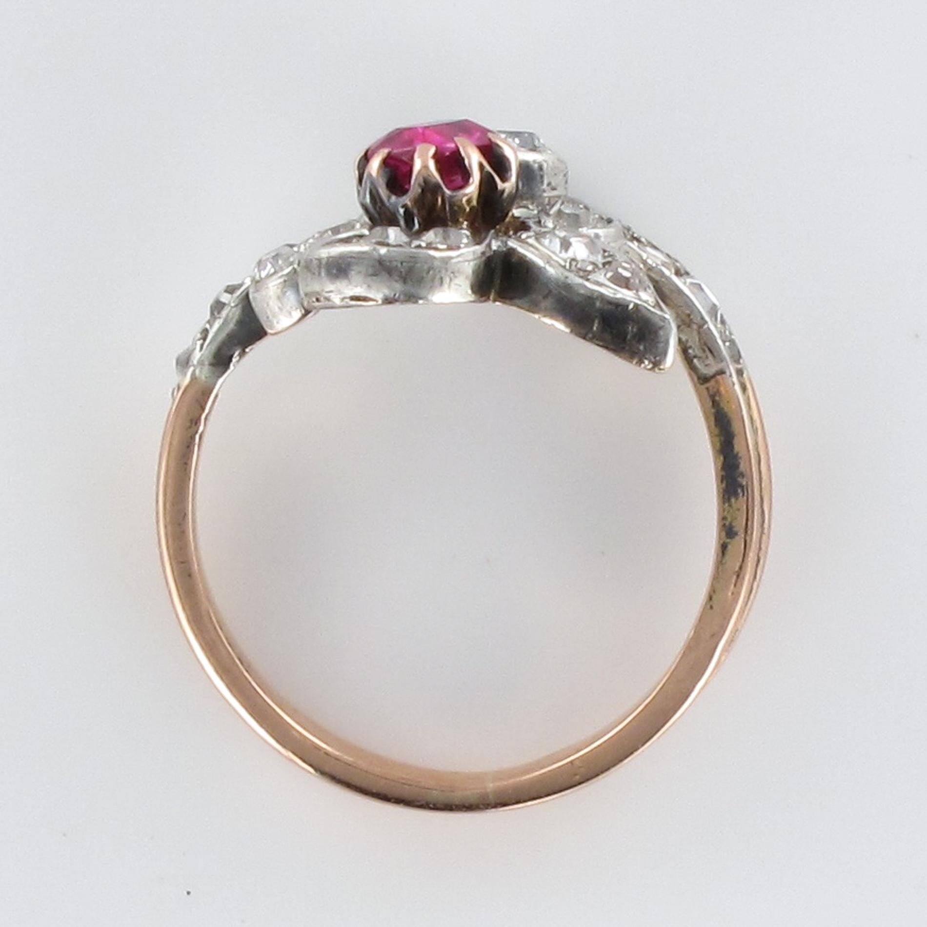 19th Century French Napoleon III Lily Flower Shape Ruby Diamond Rose Gold Ring 8