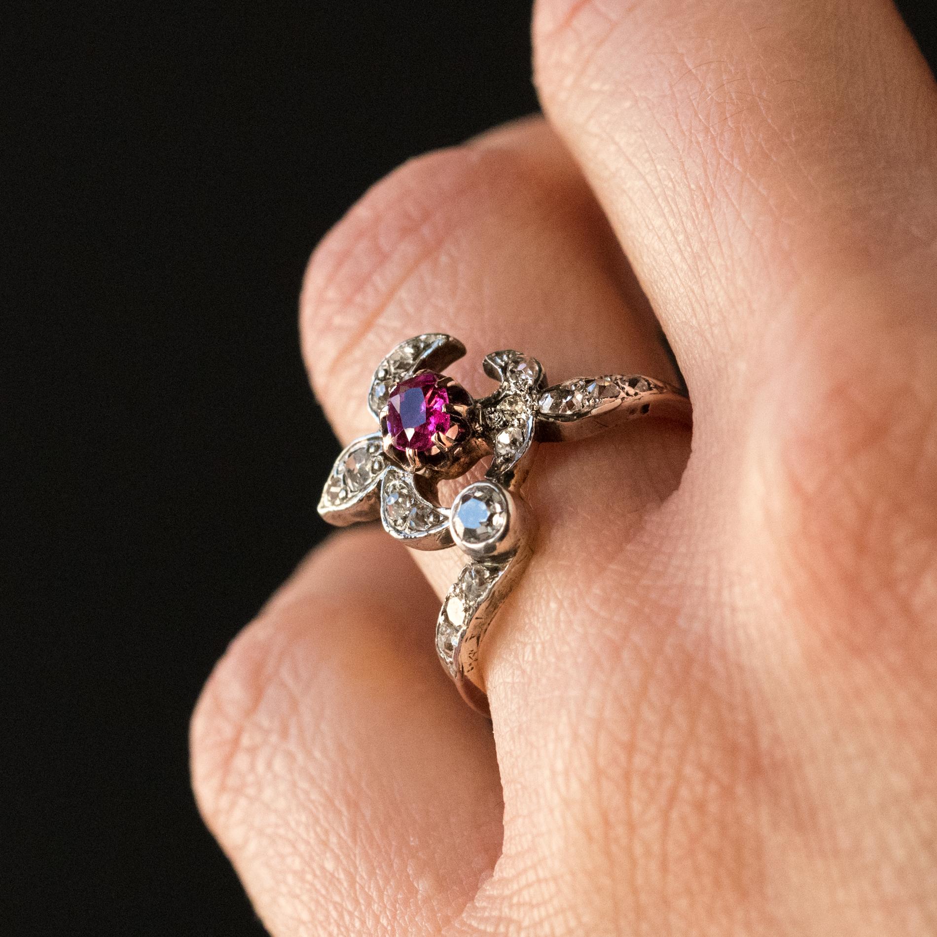 Women's 19th Century French Napoleon III Lily Flower Shape Ruby Diamond Rose Gold Ring