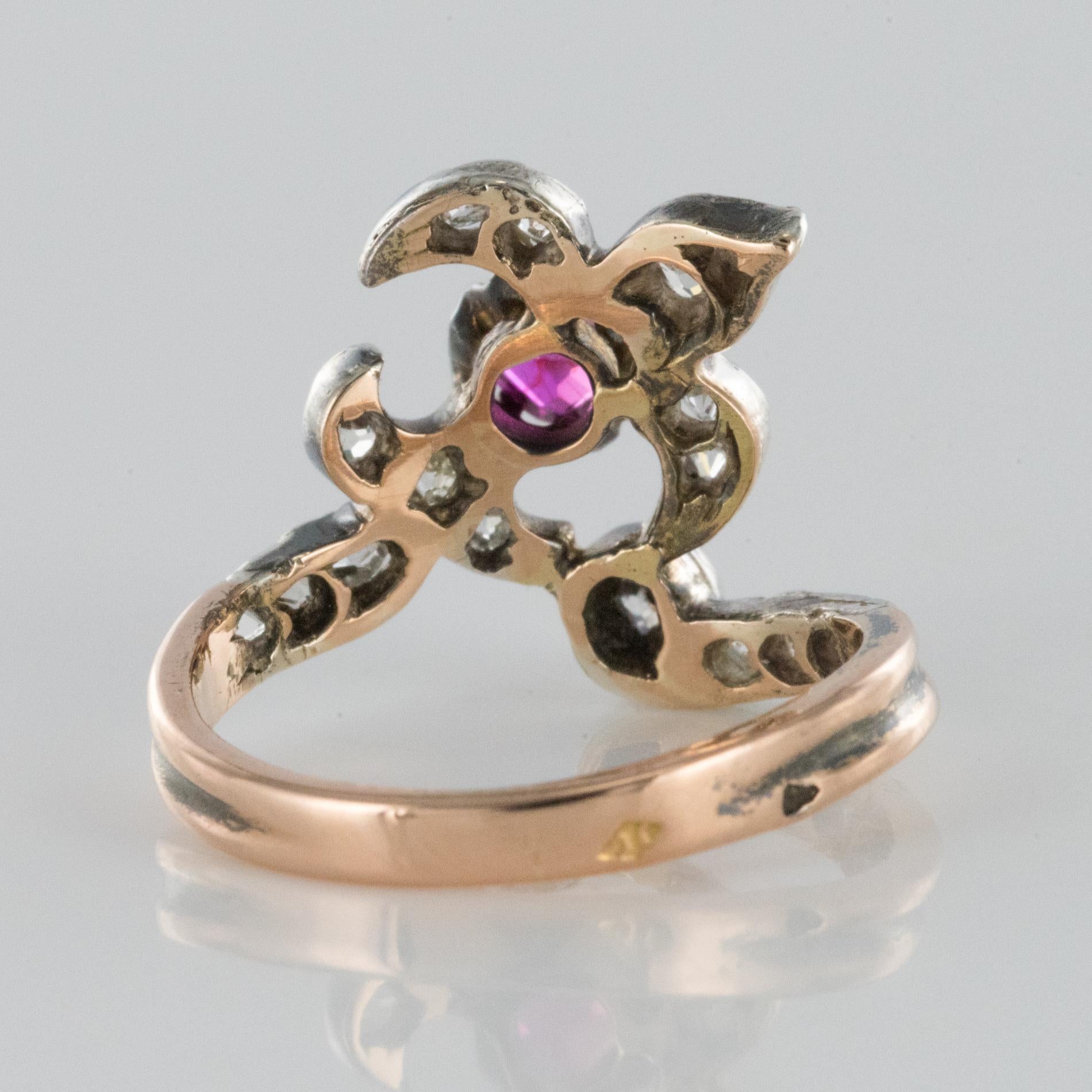 19th Century French Napoleon III Lily Flower Shape Ruby Diamond Rose Gold Ring 3