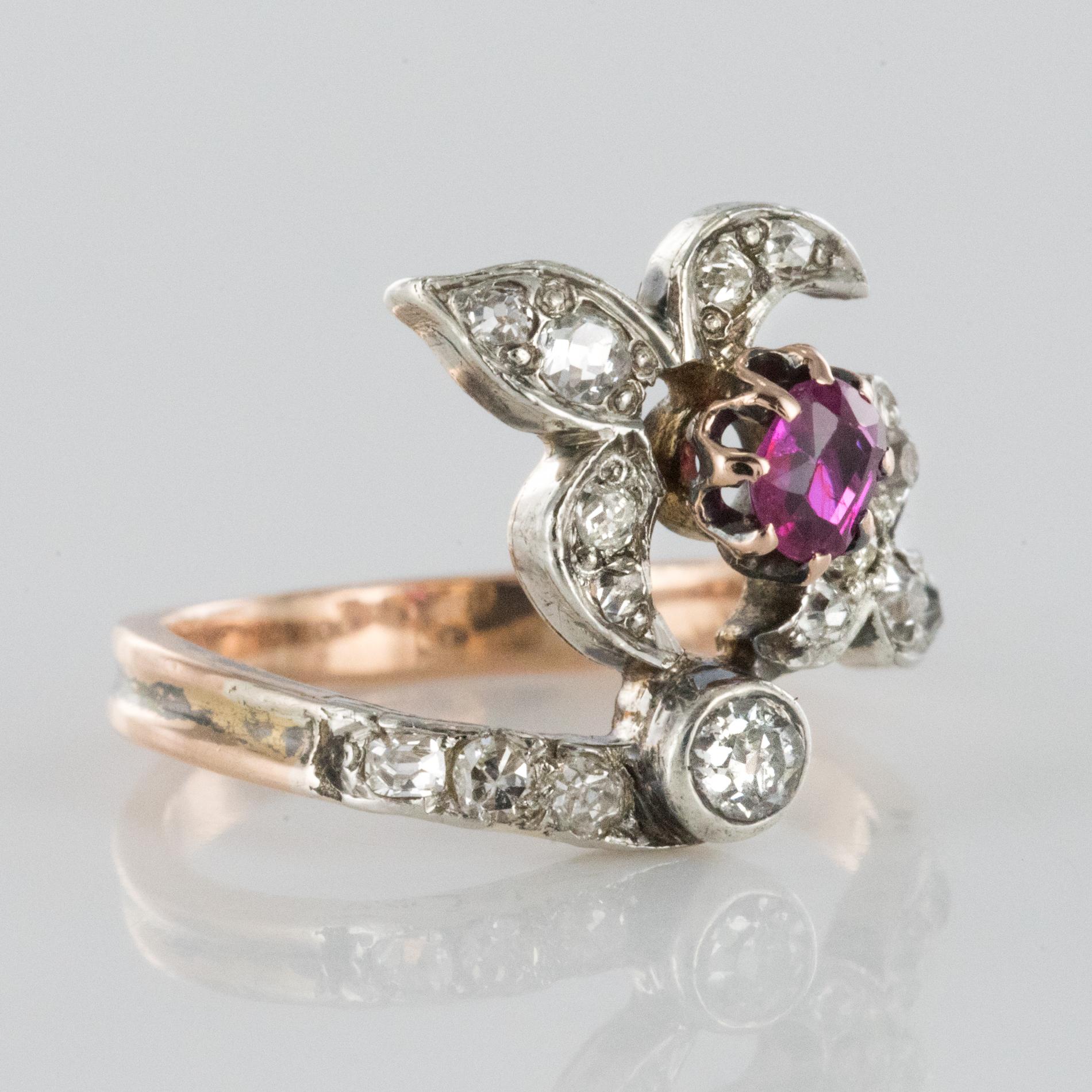 19th Century French Napoleon III Lily Flower Shape Ruby Diamond Rose Gold Ring 5