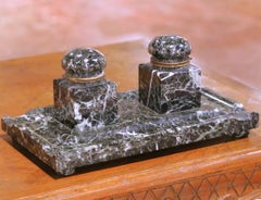 19th Century French Napoleon III Marble Double Inkwell with Bronze Mounted Lids