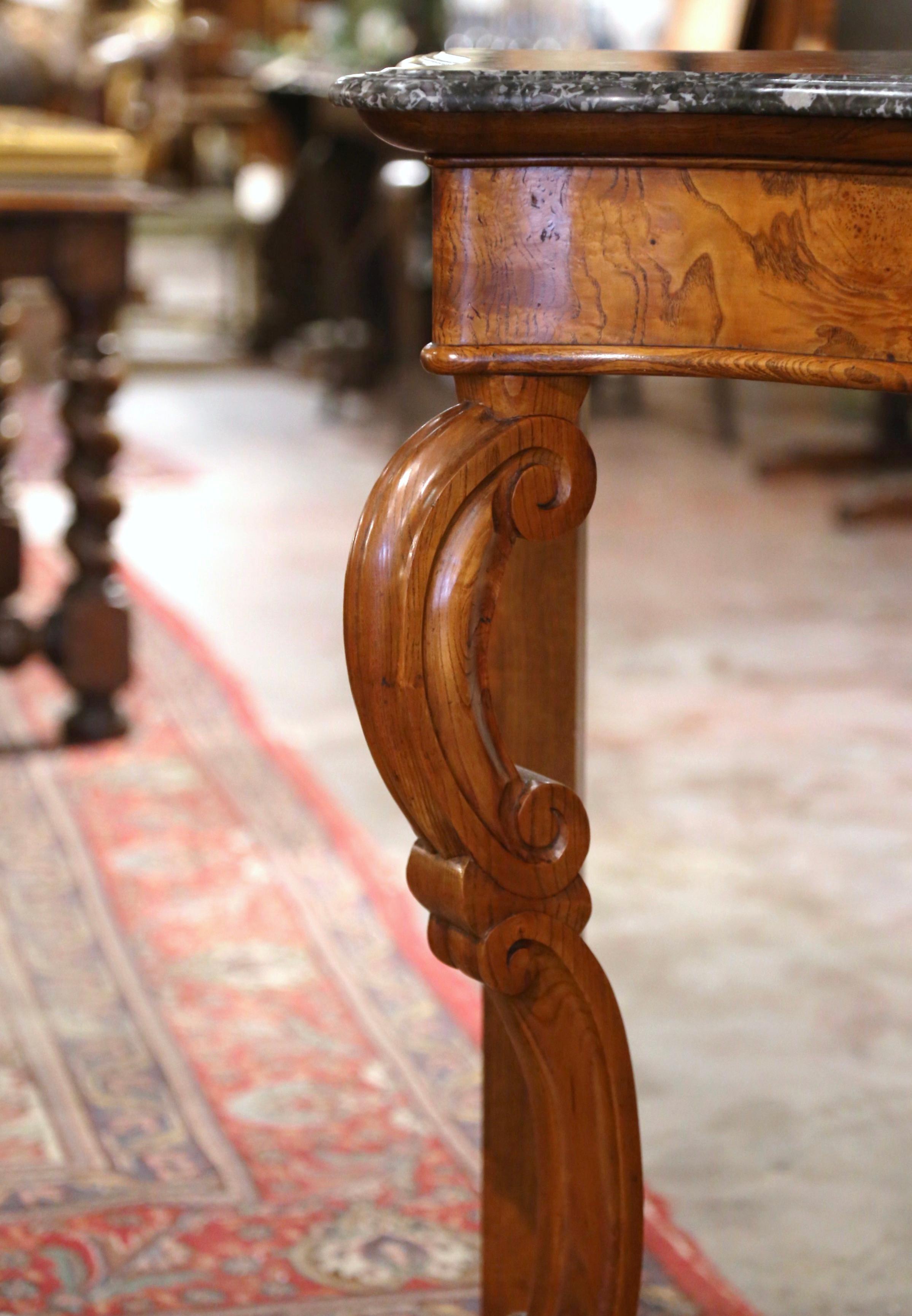 19th Century French Napoleon III Marble Top Carved Elm Console Table For Sale 11