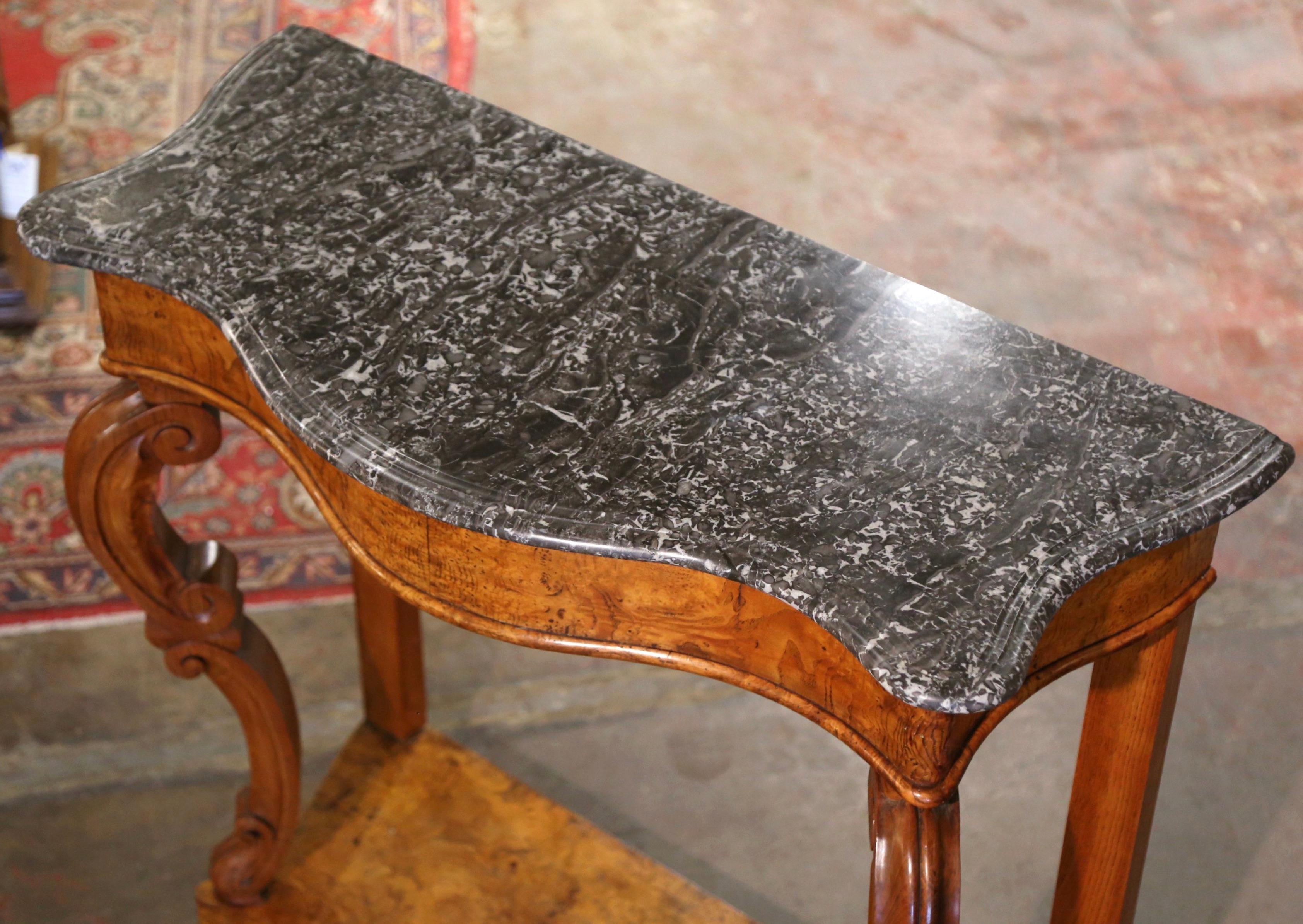 Hand-Carved 19th Century French Napoleon III Marble Top Carved Elm Console Table For Sale