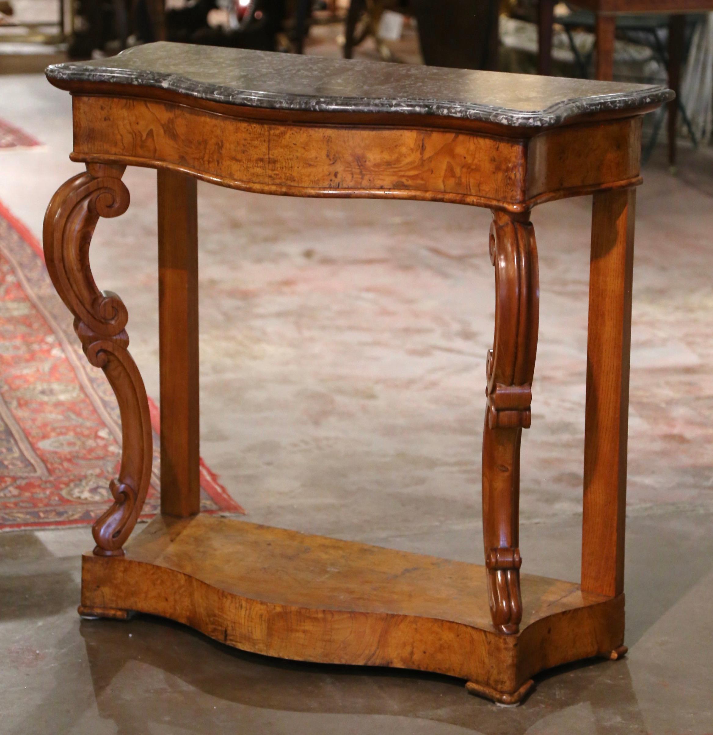 19th Century French Napoleon III Marble Top Carved Elm Console Table For Sale 2