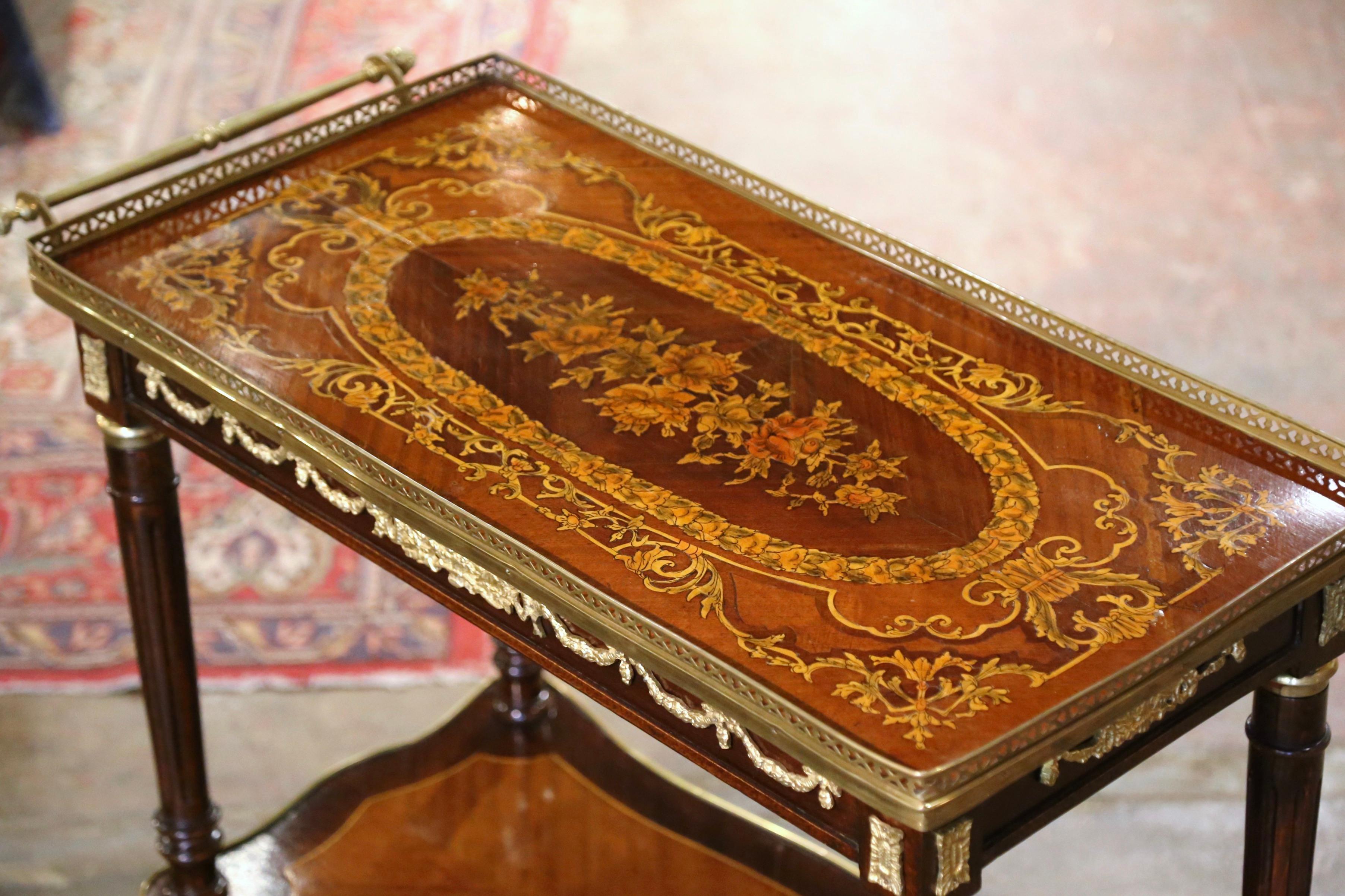 Hand-Crafted 19th Century French Napoleon III Marquetry Inlaid Rosewood and Brass Tea Cart