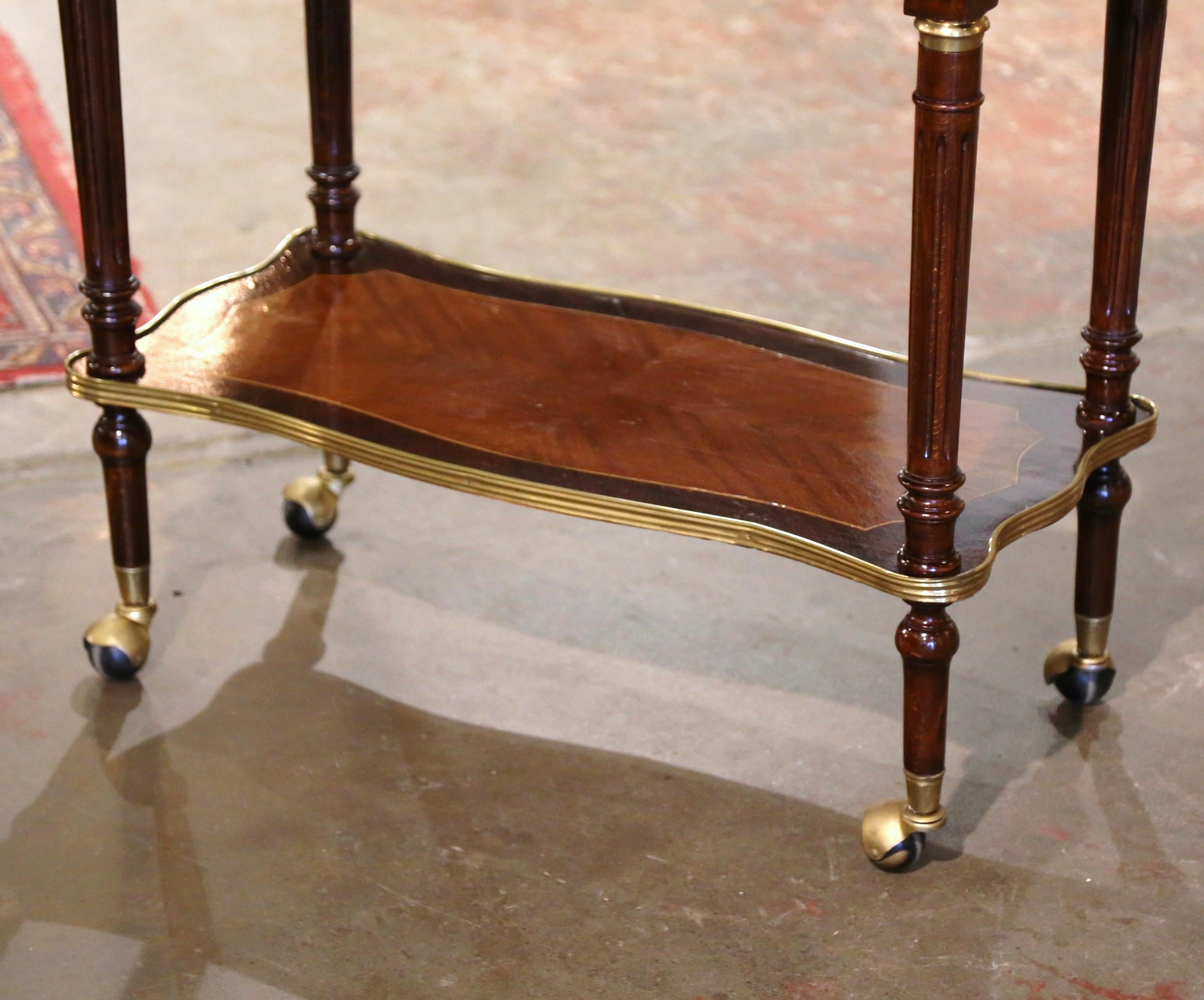 19th Century French Napoleon III Marquetry Inlaid Rosewood and Brass Tea Cart In Excellent Condition In Dallas, TX