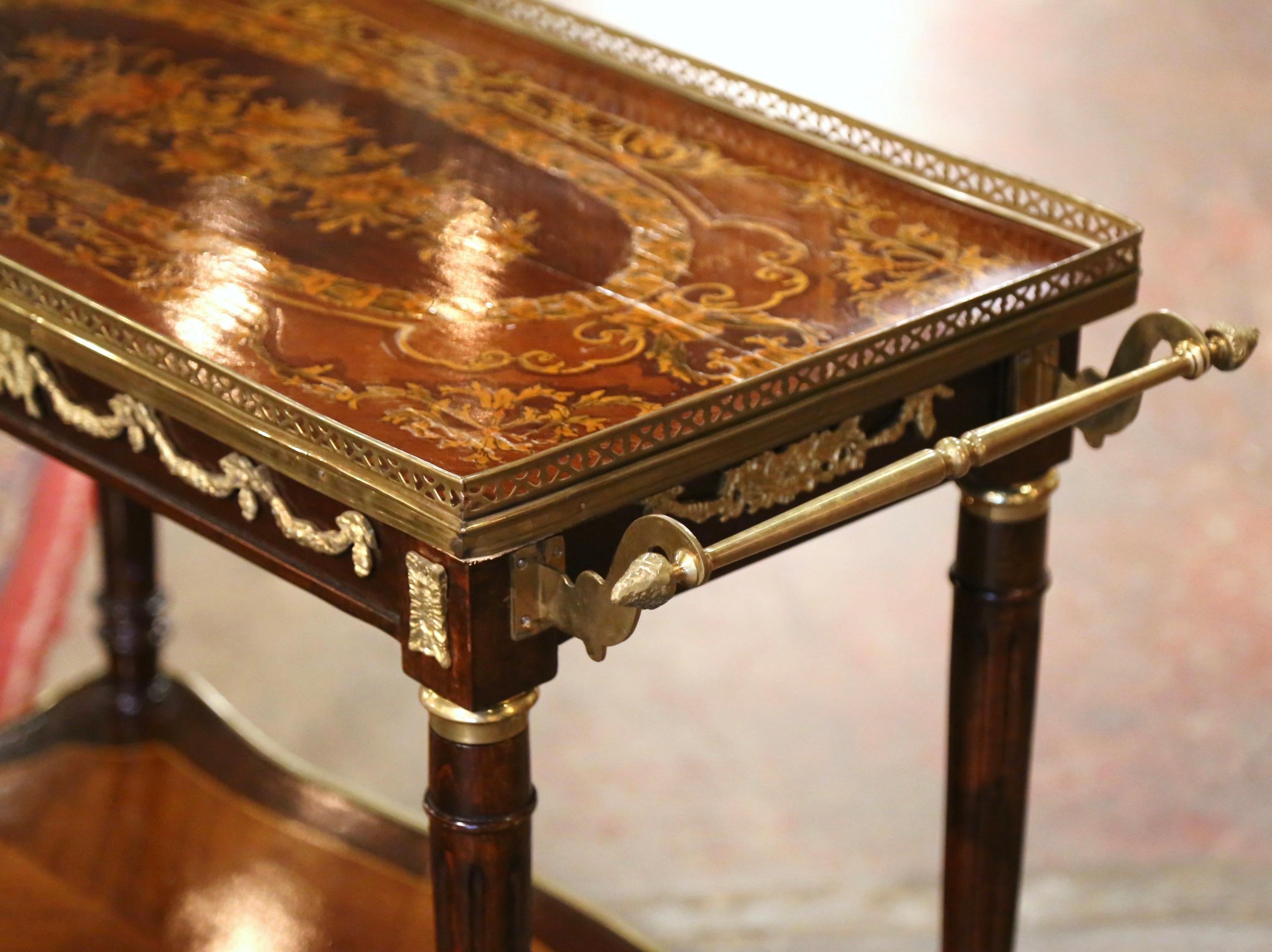 19th Century French Napoleon III Marquetry Inlaid Rosewood and Brass Tea Cart 2