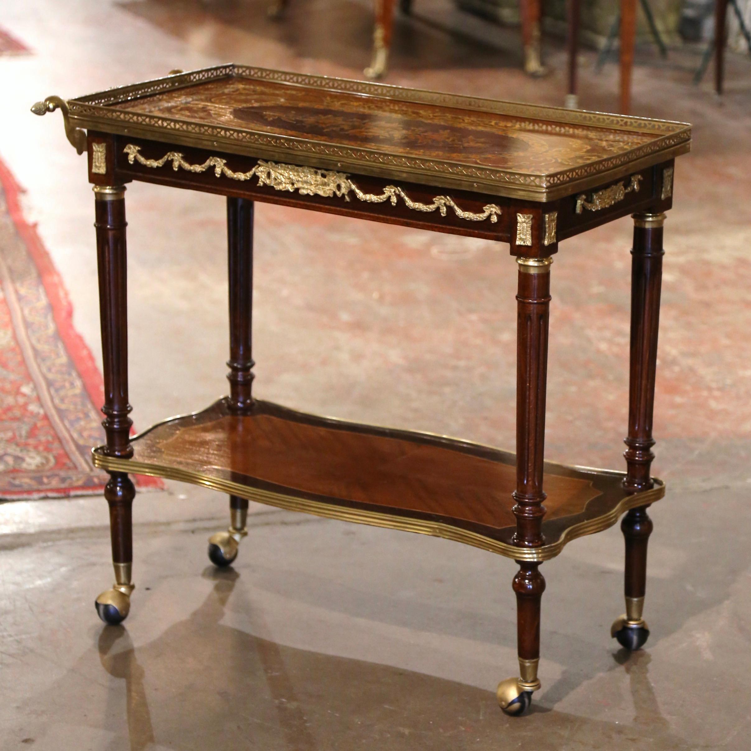 19th Century French Napoleon III Marquetry Inlaid Rosewood and Brass Tea Cart 3