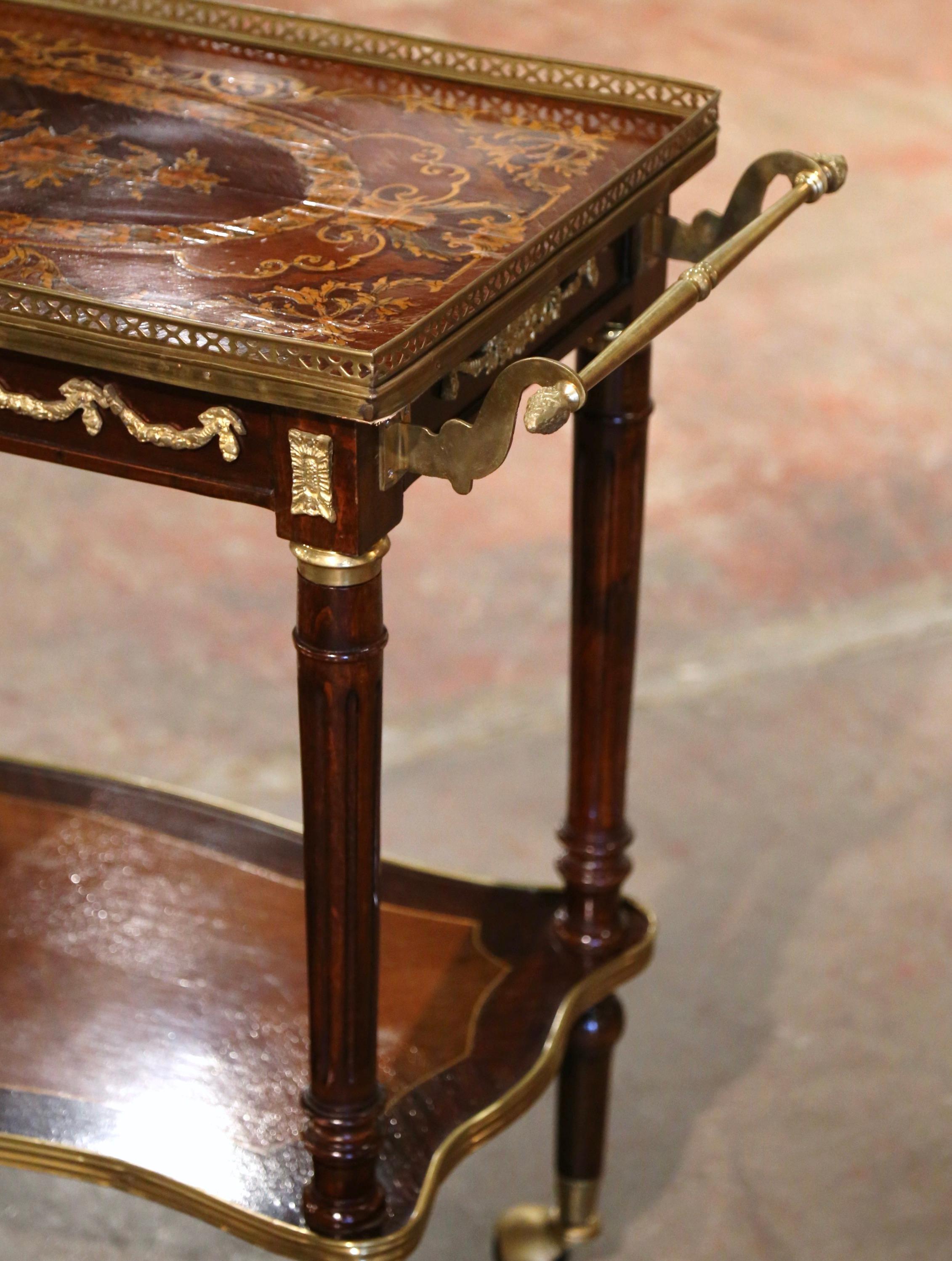 19th Century French Napoleon III Marquetry Inlaid Rosewood and Brass Tea Cart 4