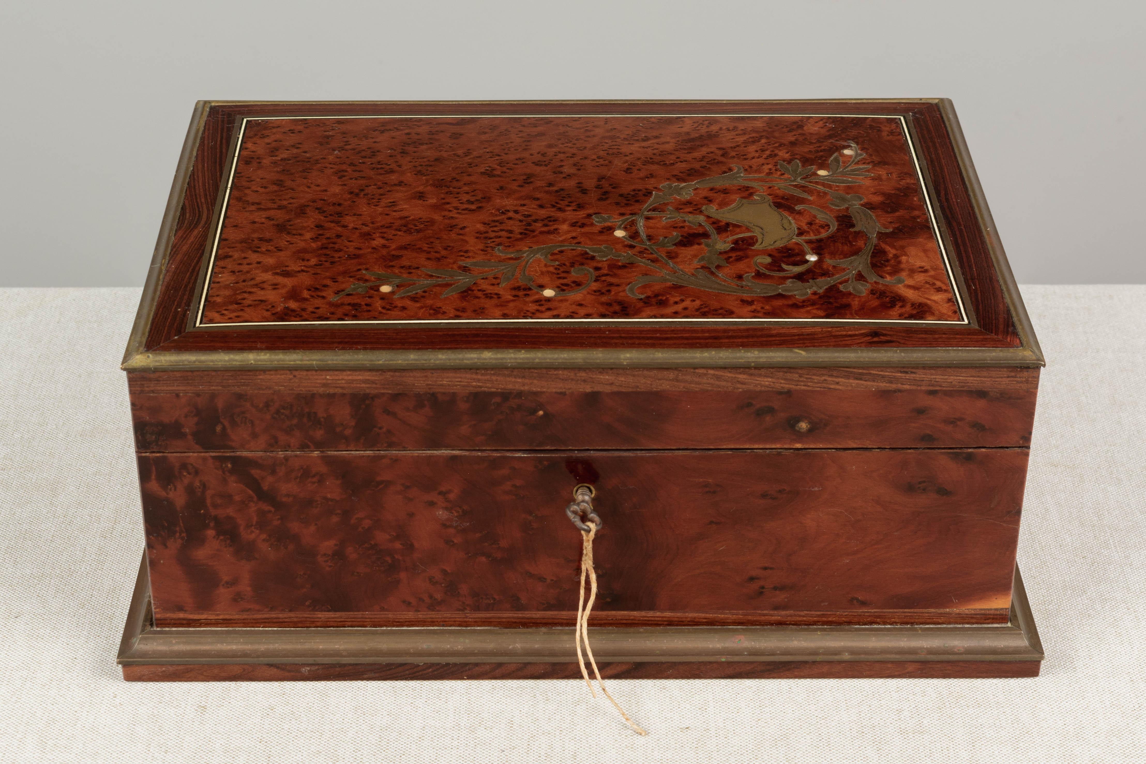 Brass 19th Century French Napoleon III Marquetry Sewing Box For Sale