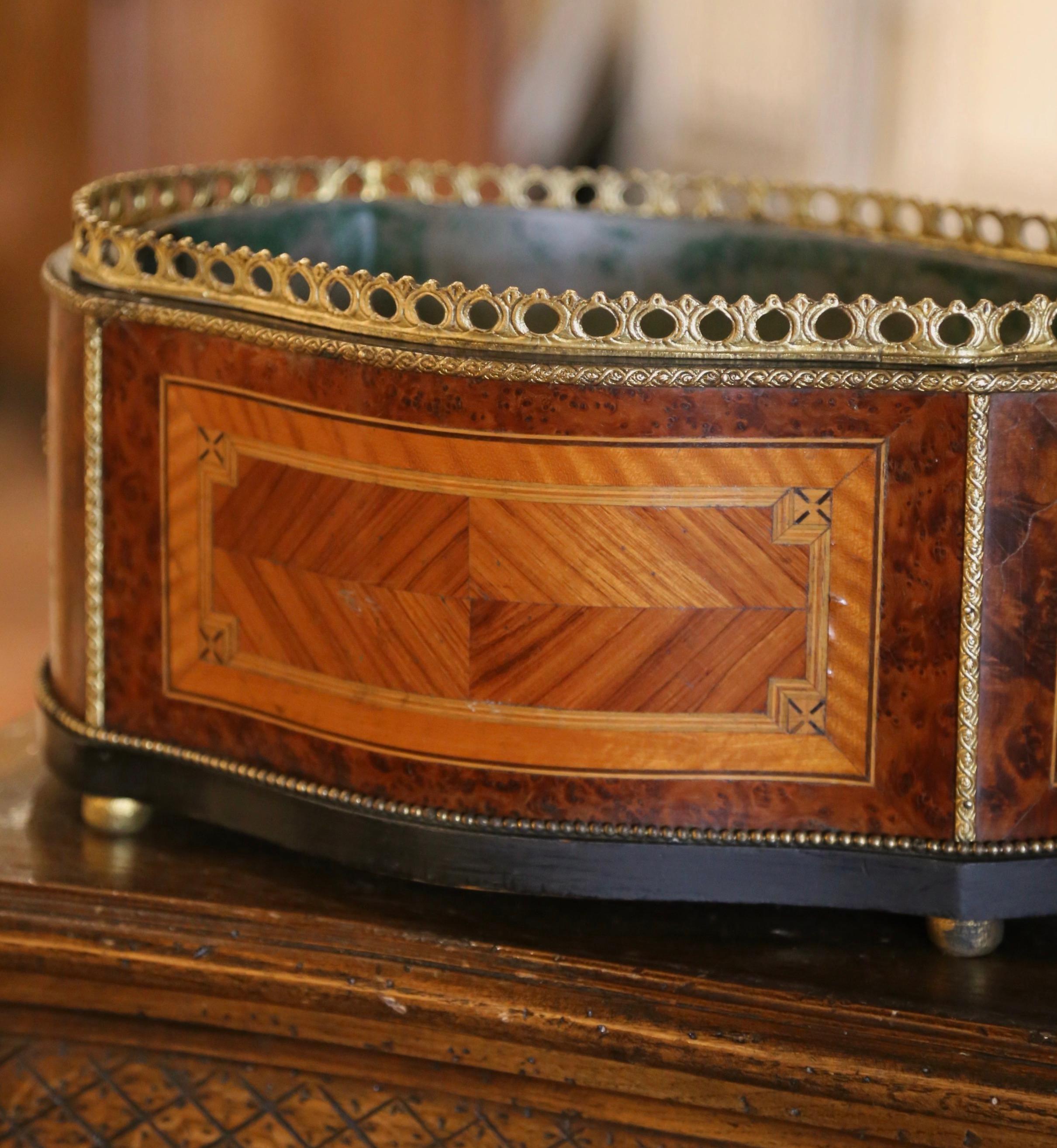 Hand-Carved 19th Century French Napoleon III Marquetry Walnut and Bronze Bombe Jardinière