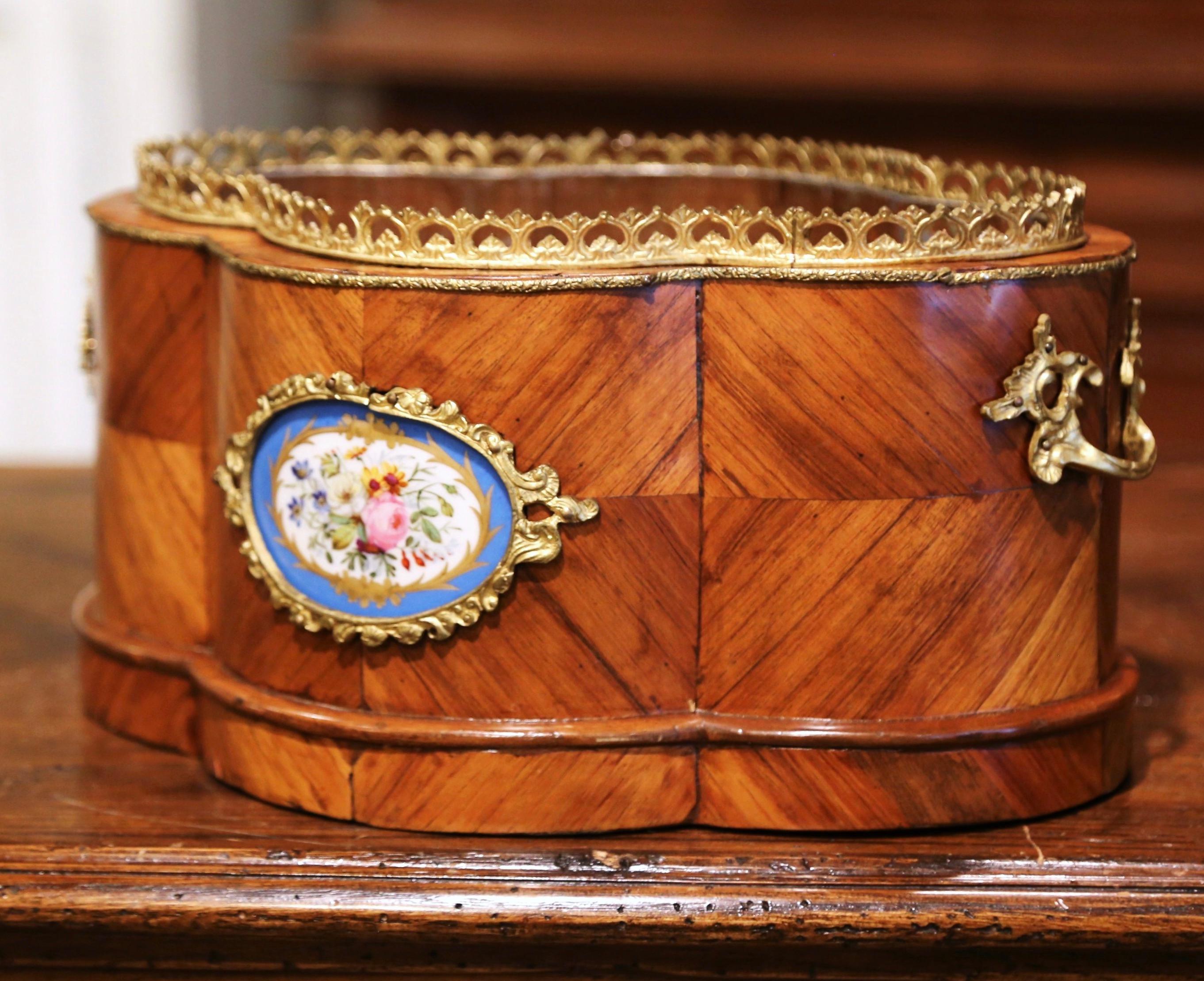 Hand-Carved 19th Century French Napoleon III Marquetry Walnut, Porcelain & Bronze Jardinière
