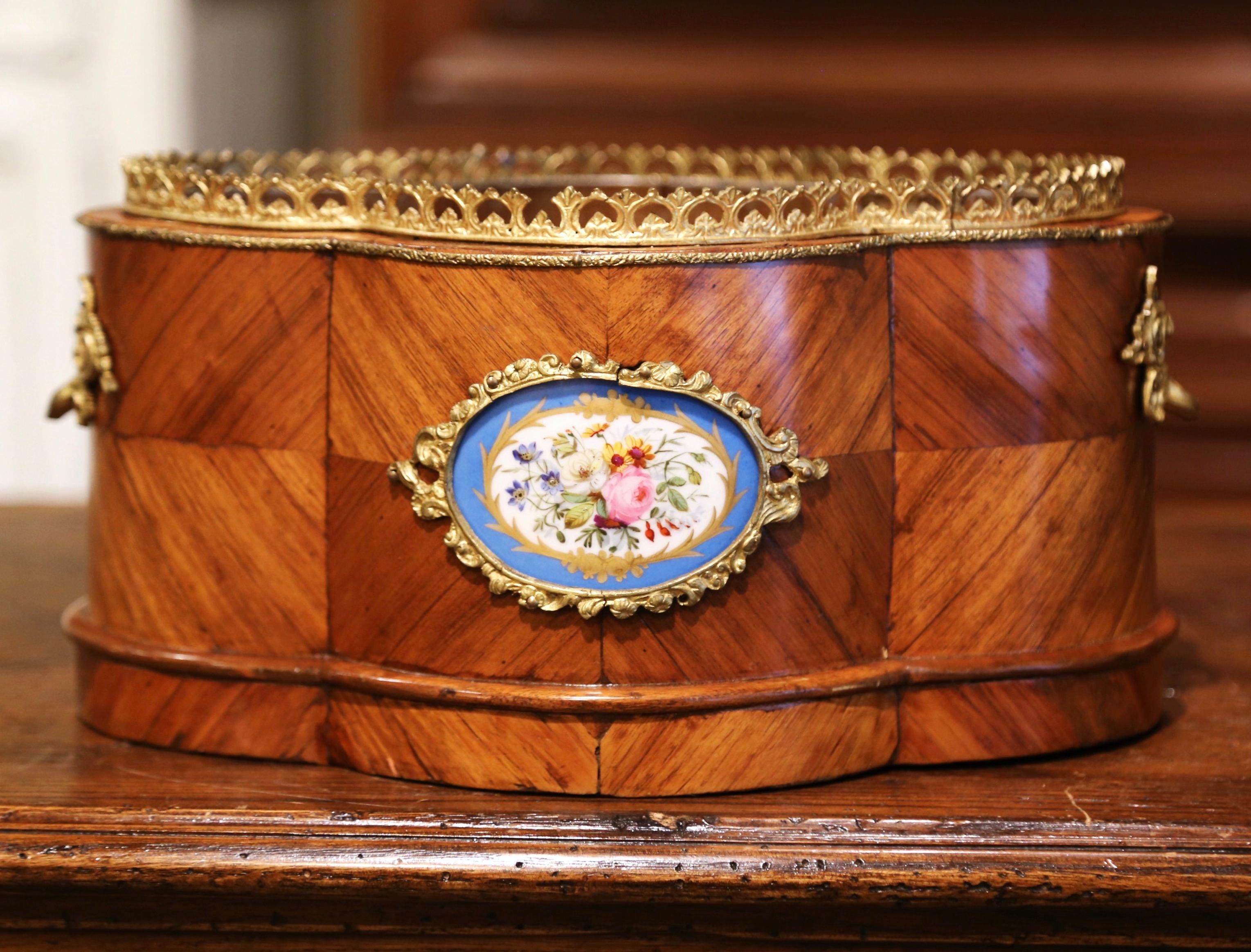 19th Century French Napoleon III Marquetry Walnut, Porcelain & Bronze Jardinière In Excellent Condition In Dallas, TX