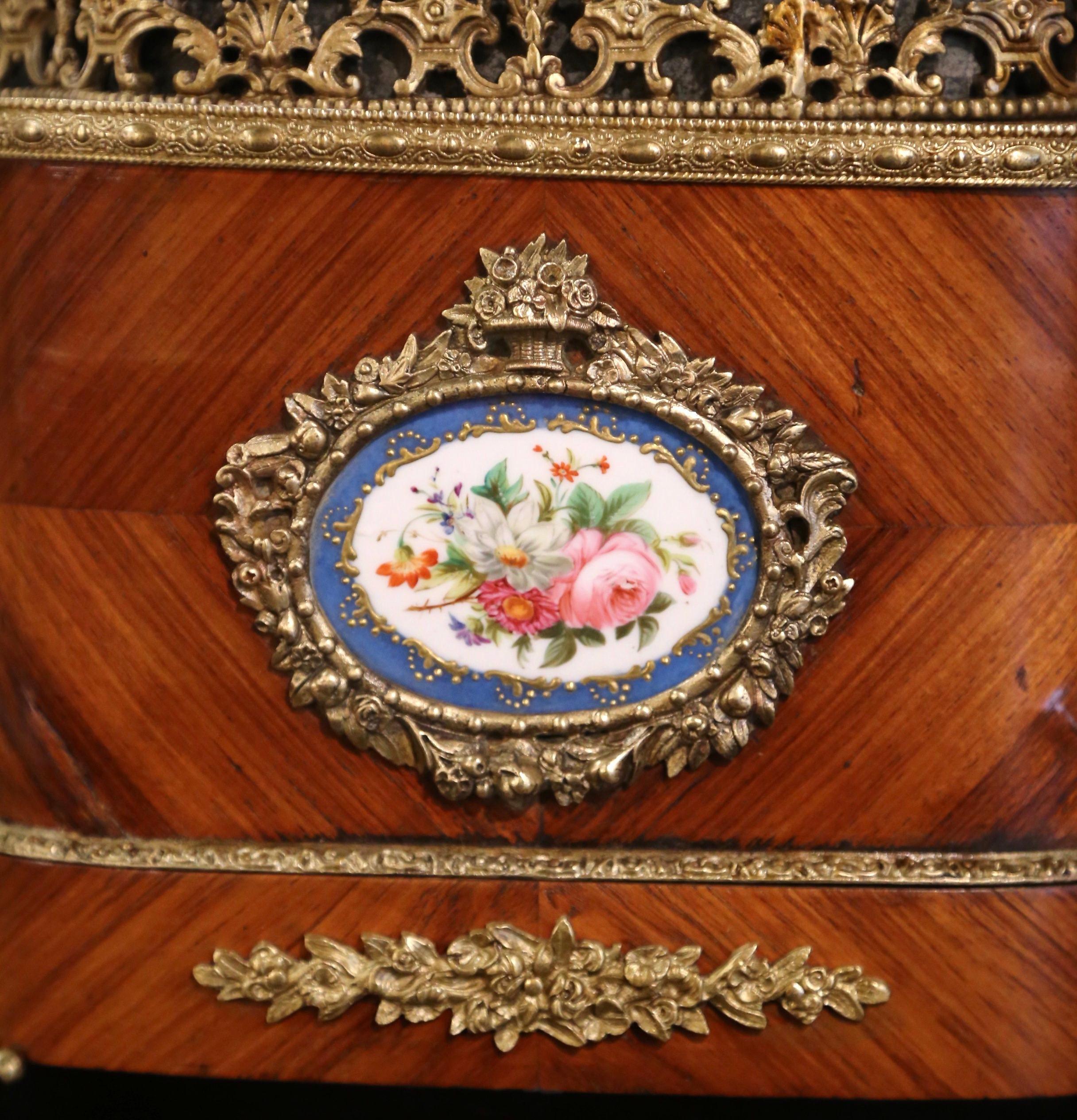 19th Century French Napoleon III Marquetry Walnut, Porcelain & Bronze Jardinière For Sale 1