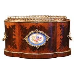 19th Century French Napoleon III Marquetry Walnut, Porcelain & Bronze Jardinière