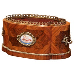 19th Century French Napoleon III Marquetry Walnut, Porcelain & Bronze Jardinière