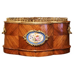 19th Century French Napoleon III Marquetry Walnut, Porcelain & Bronze Jardinière