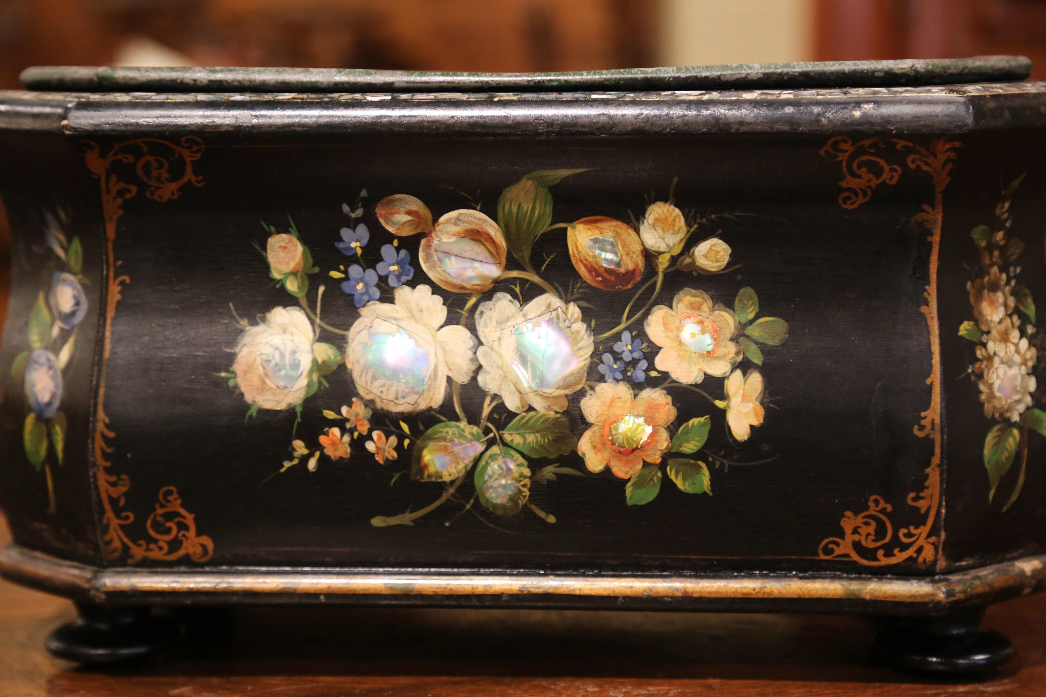 Blackened 19th Century French Napoleon III Mother of Pearl and Painted Bombe Jardinière