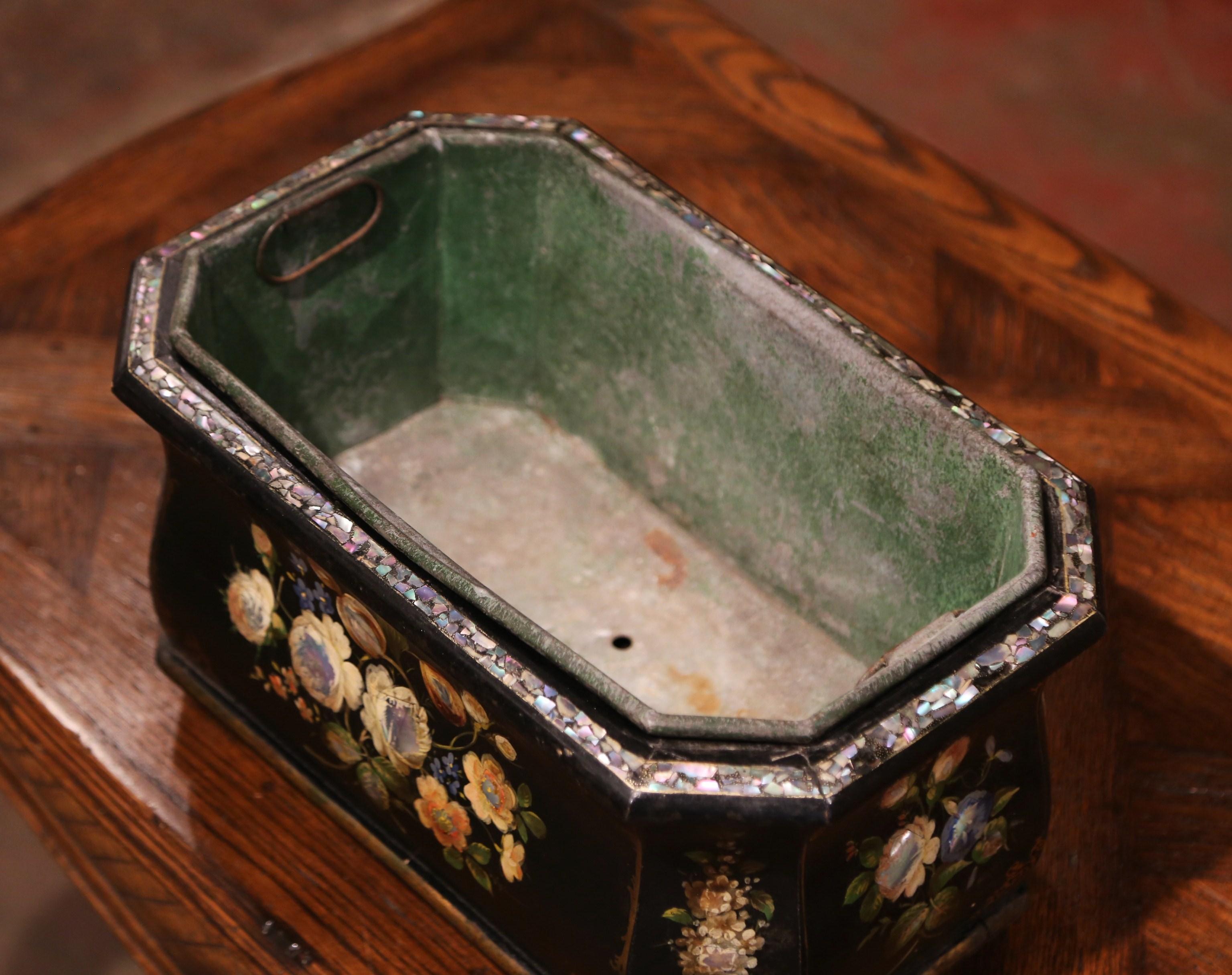 19th Century French Napoleon III Mother of Pearl and Painted Bombe Jardinière In Excellent Condition In Dallas, TX