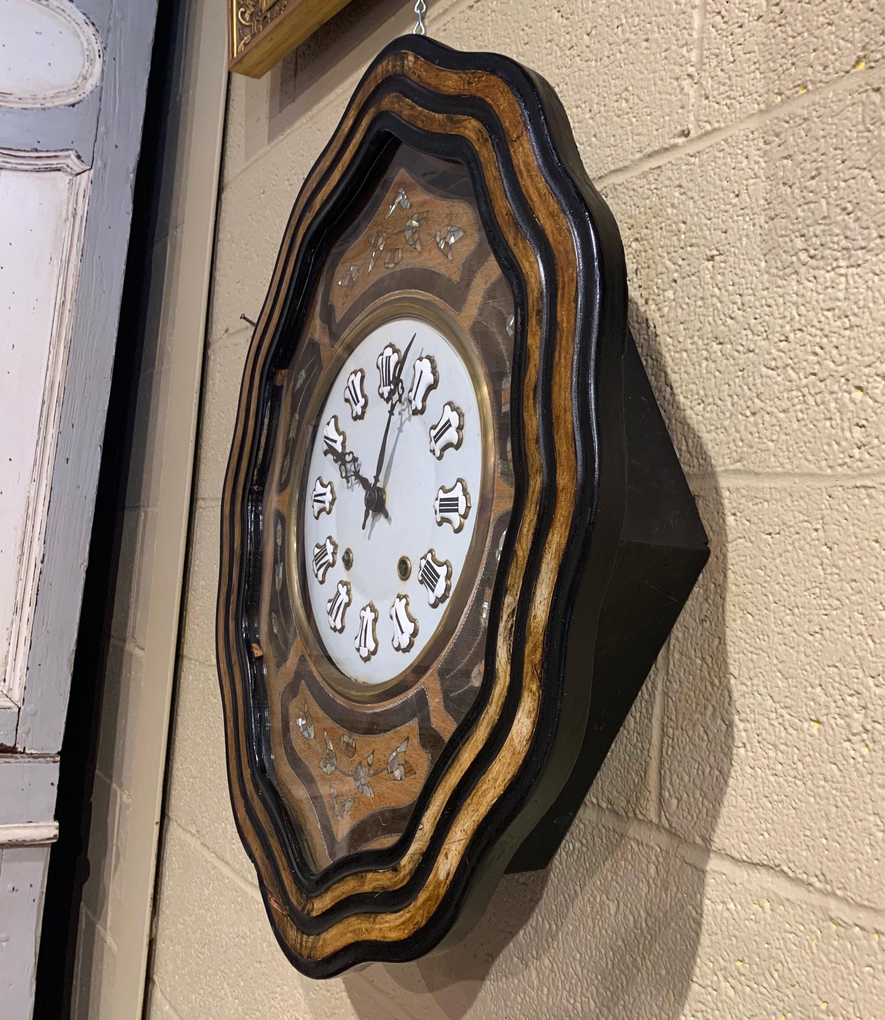 19th Century French Napoleon III Mother of Pearl Inlay and Painted Wall Clock For Sale 5