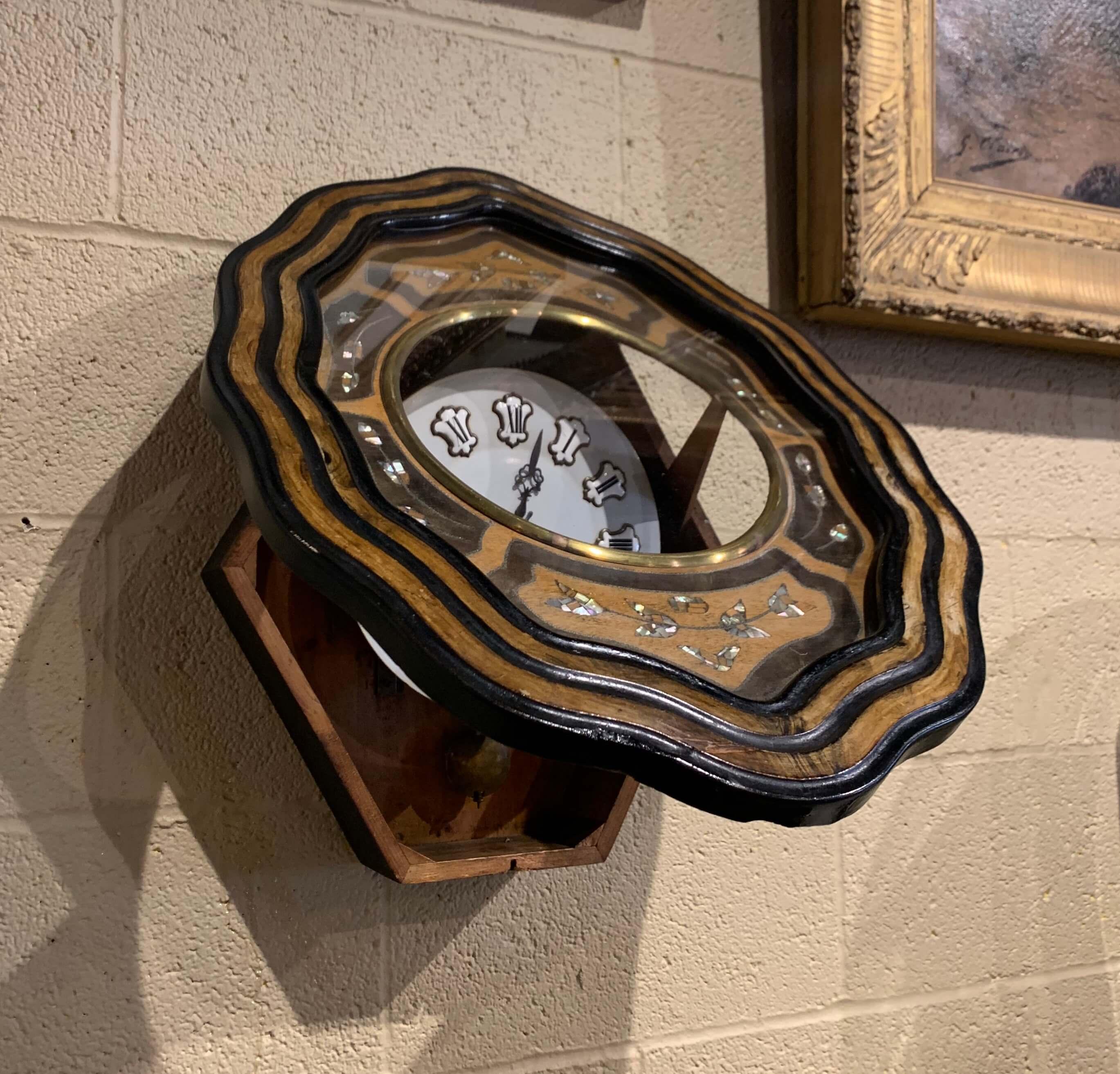 19th Century French Napoleon III Mother of Pearl Inlay and Painted Wall Clock 2