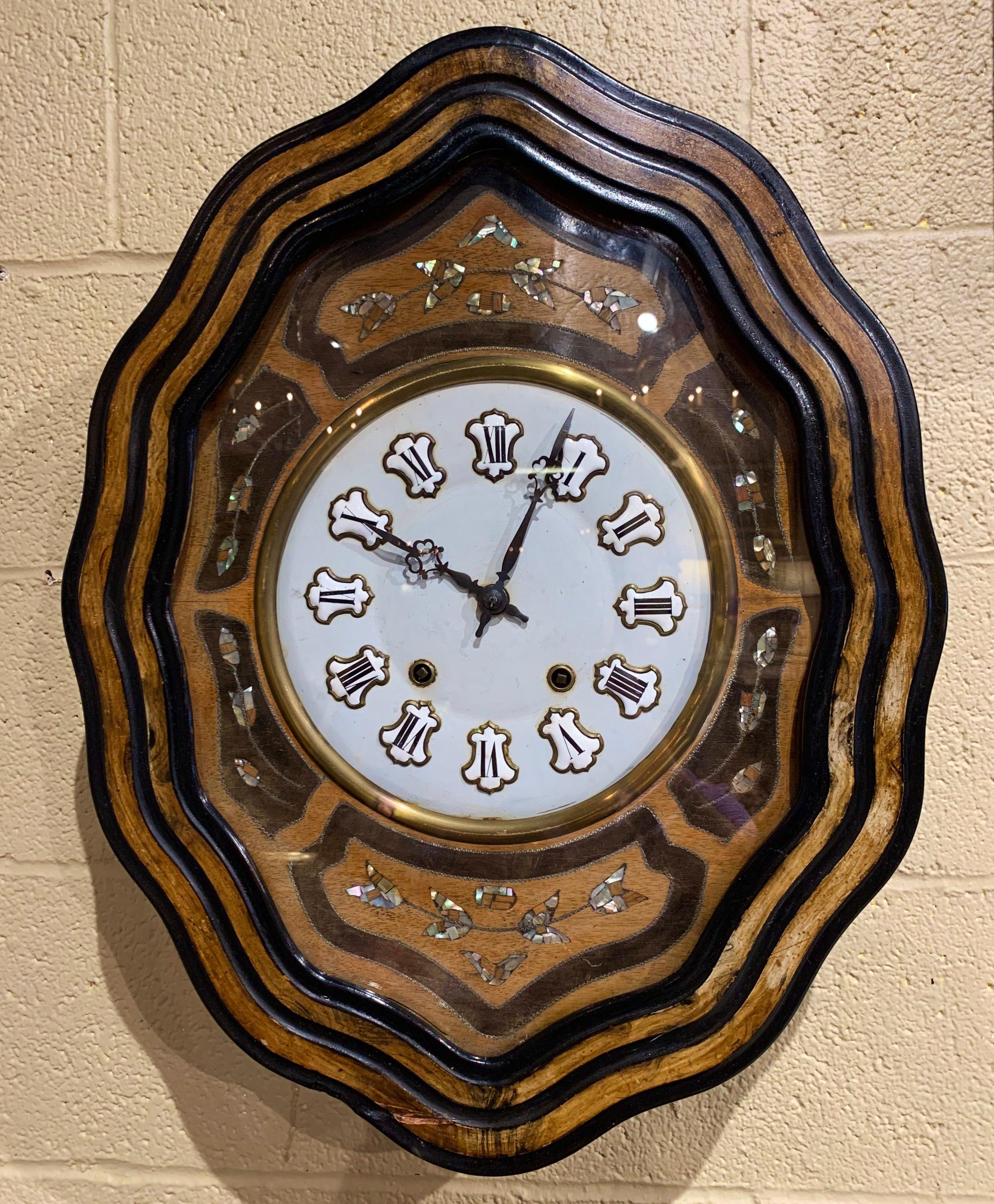 19th Century French Napoleon III Mother of Pearl Inlay and Painted Wall Clock In Excellent Condition For Sale In Dallas, TX