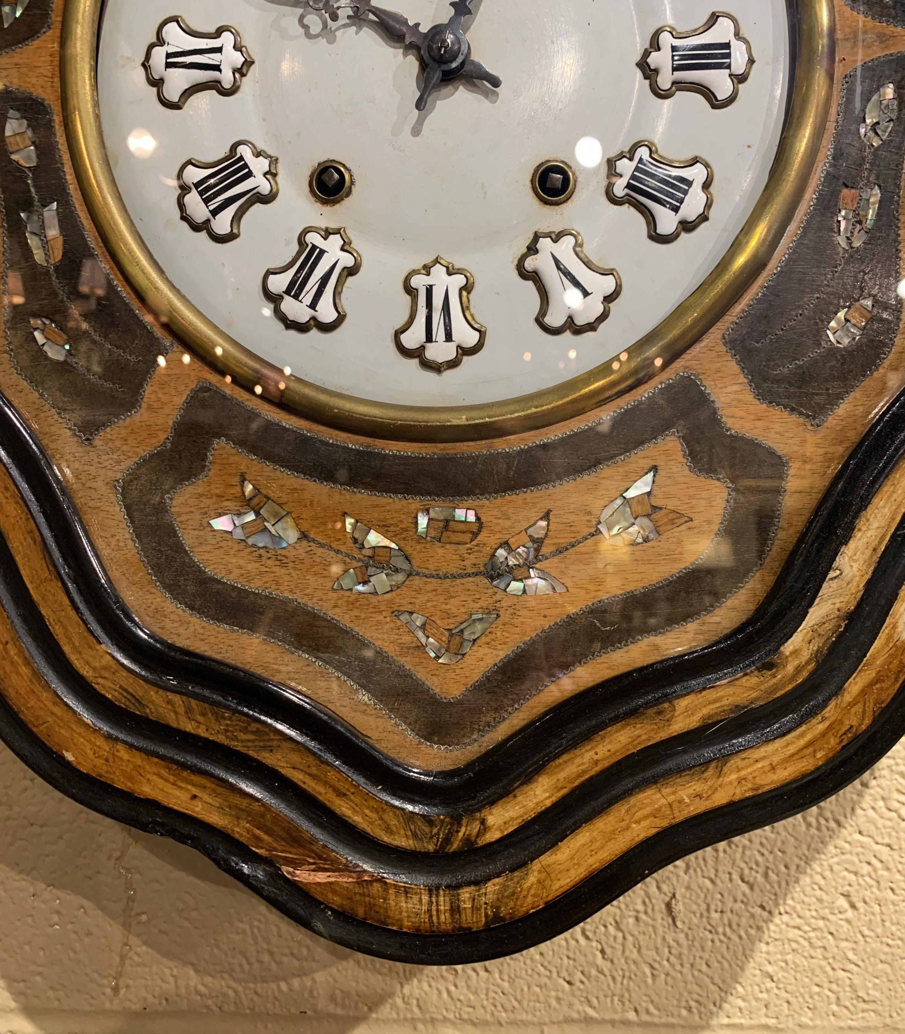 19th Century French Napoleon III Mother of Pearl Inlay and Painted Wall Clock For Sale 1