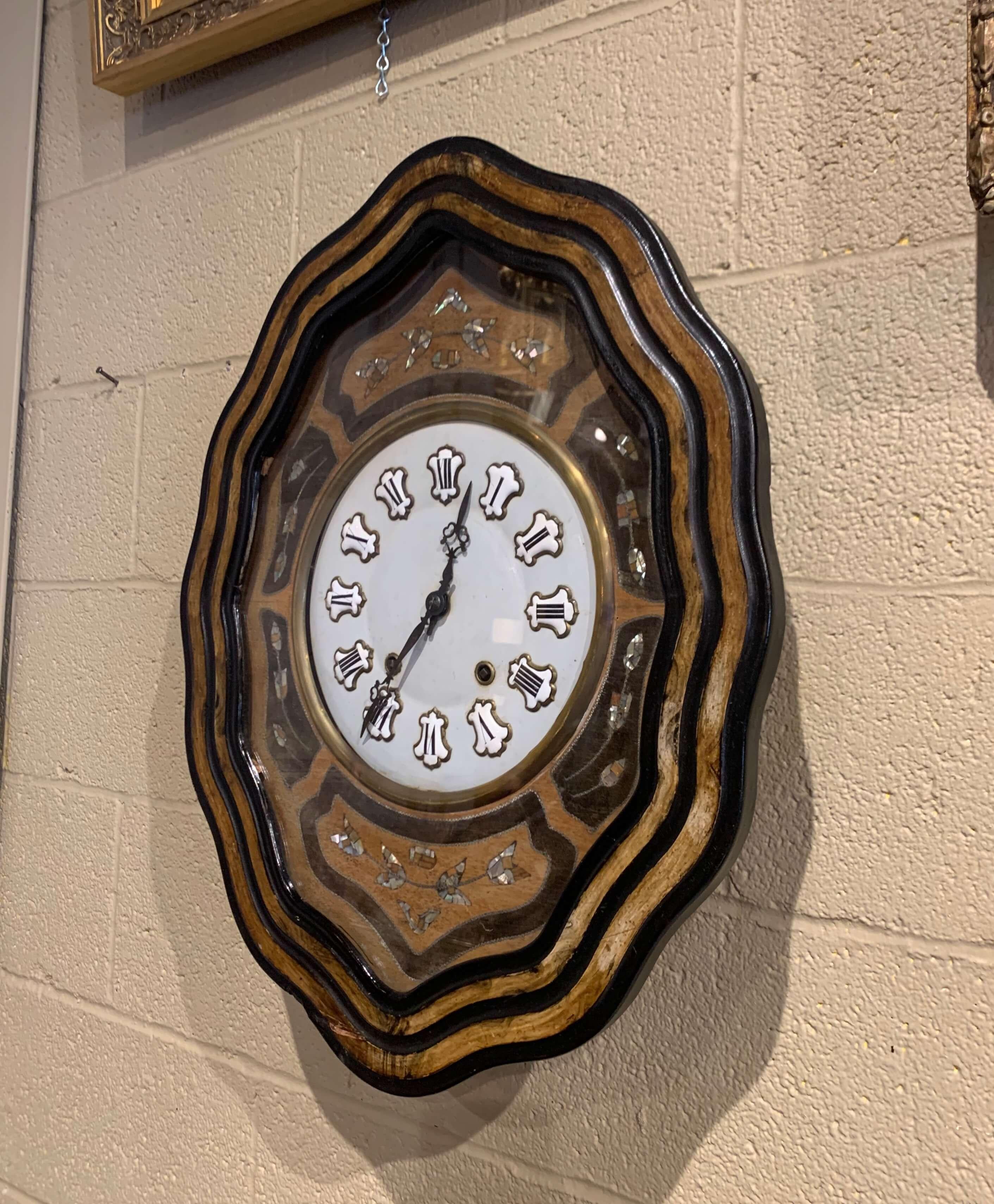 19th Century French Napoleon III Mother of Pearl Inlay and Painted Wall Clock In Excellent Condition In Dallas, TX