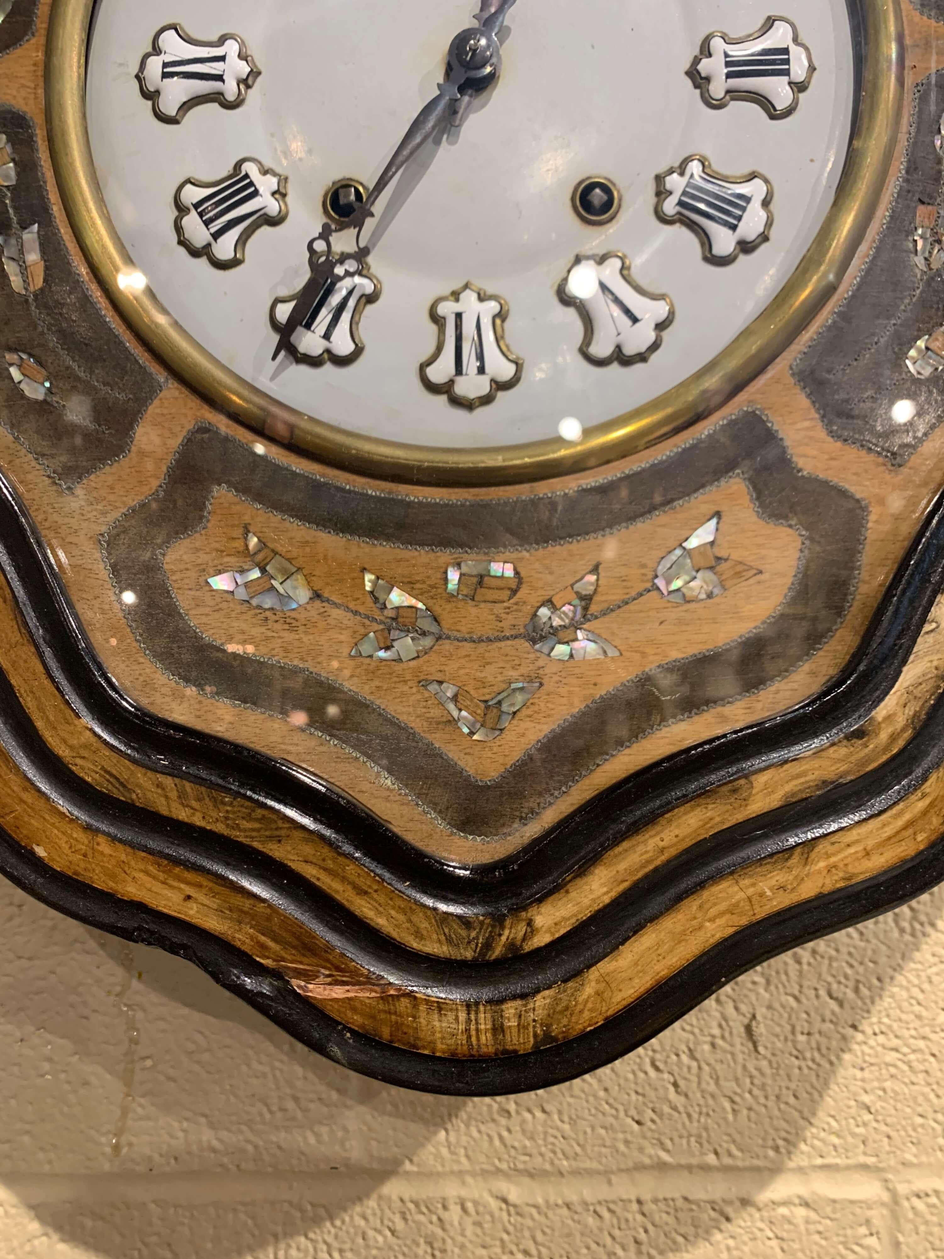 Enamel 19th Century French Napoleon III Mother of Pearl Inlay and Painted Wall Clock