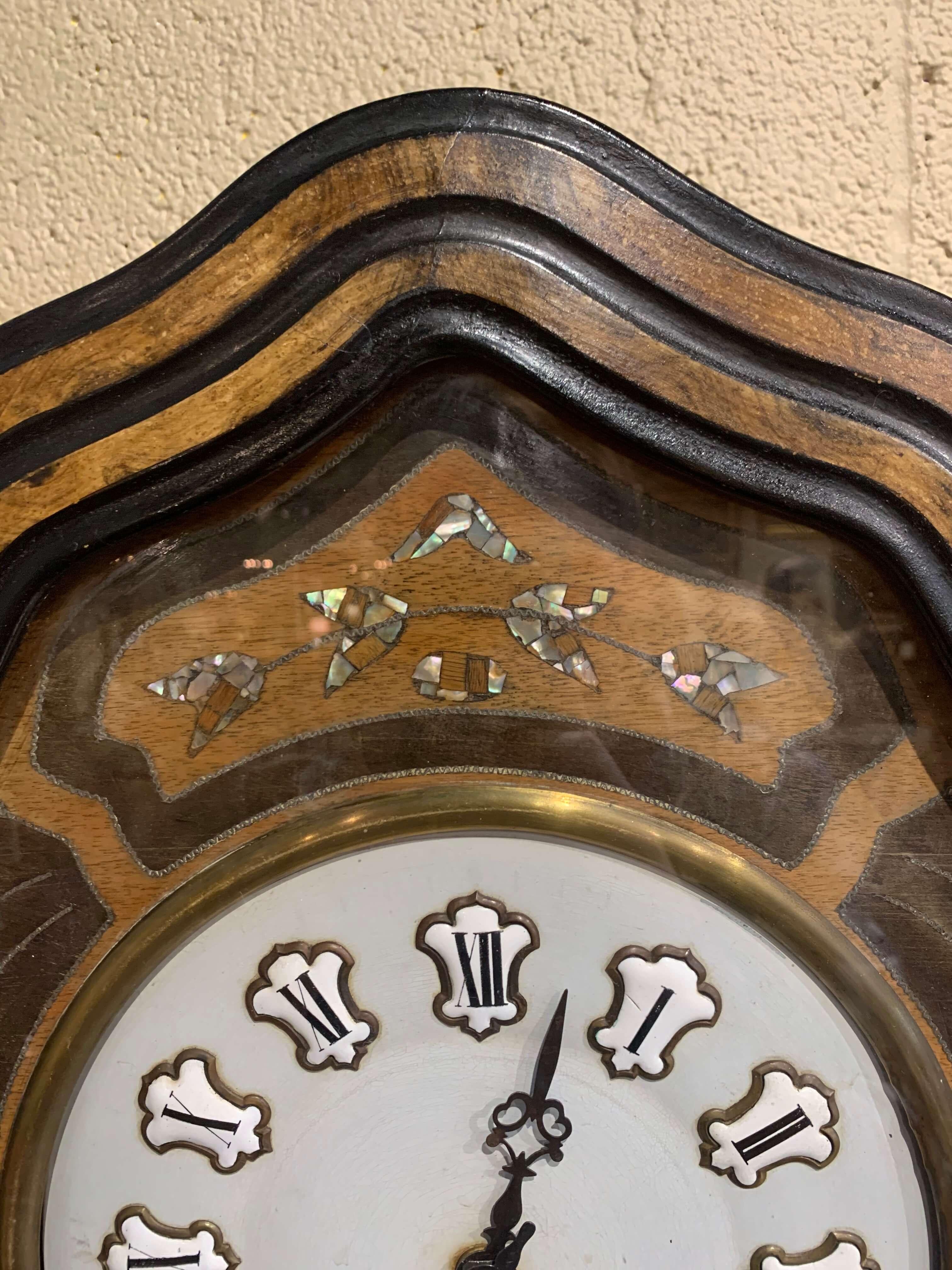 19th Century French Napoleon III Mother of Pearl Inlay and Painted Wall Clock 1