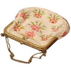 19th Century French Napoleon III Needlepoint Purse with Brass Strap and Lock