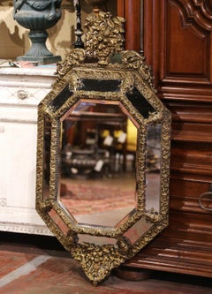 19th C. French Napoleon III Octagonal Repoussé Brass Mirror with Beveled Glass
