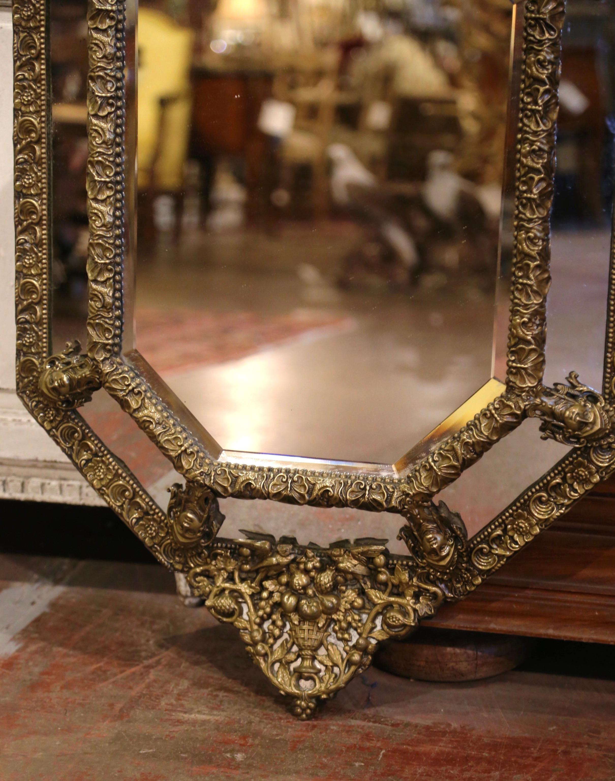 Mercury Glass 19th Century French Napoleon III Octagonal Repousse Brass Beveled Overlay Mirror For Sale