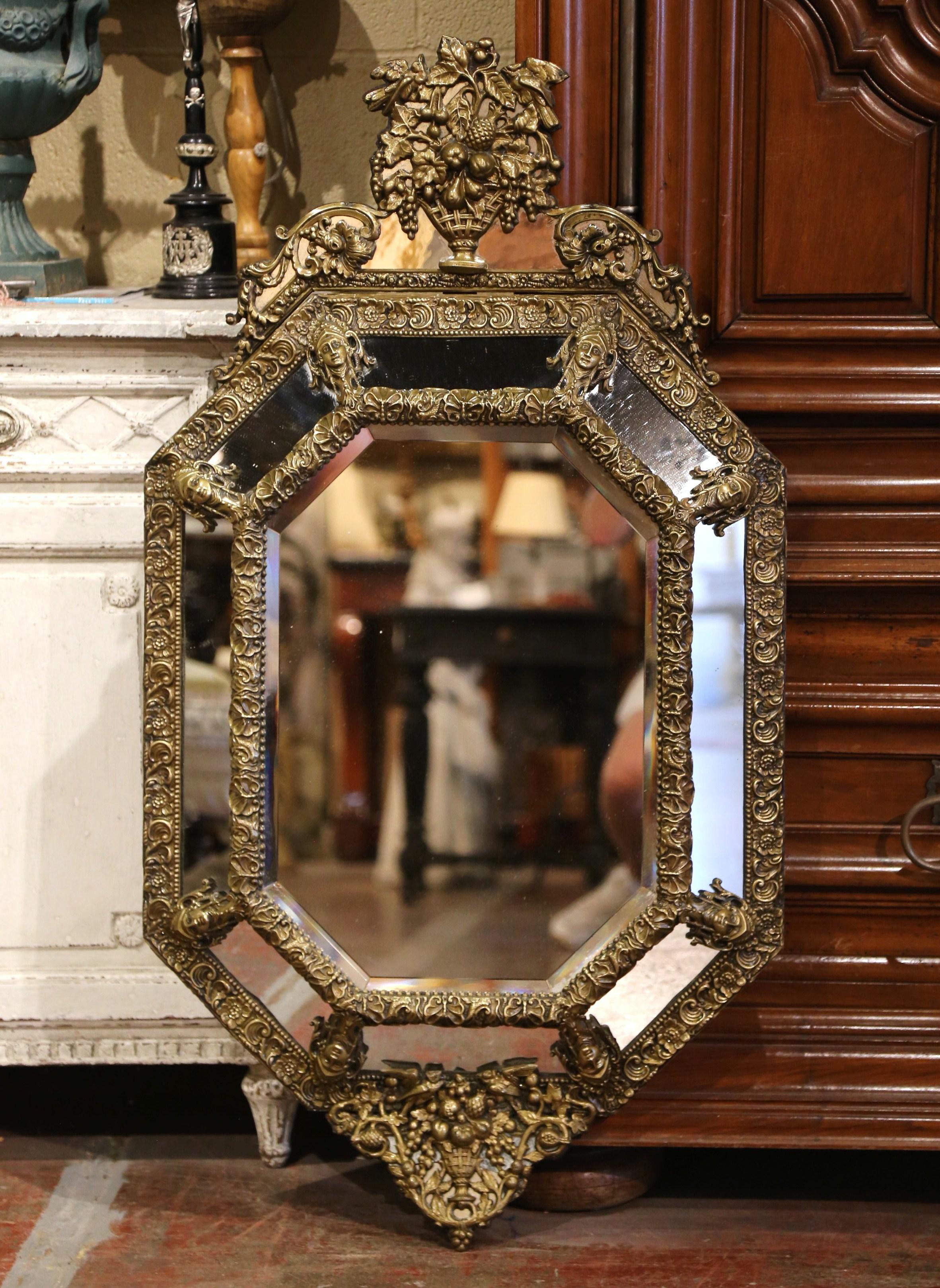 19th Century French Napoleon III Octagonal Repousse Brass Beveled Overlay Mirror For Sale 1