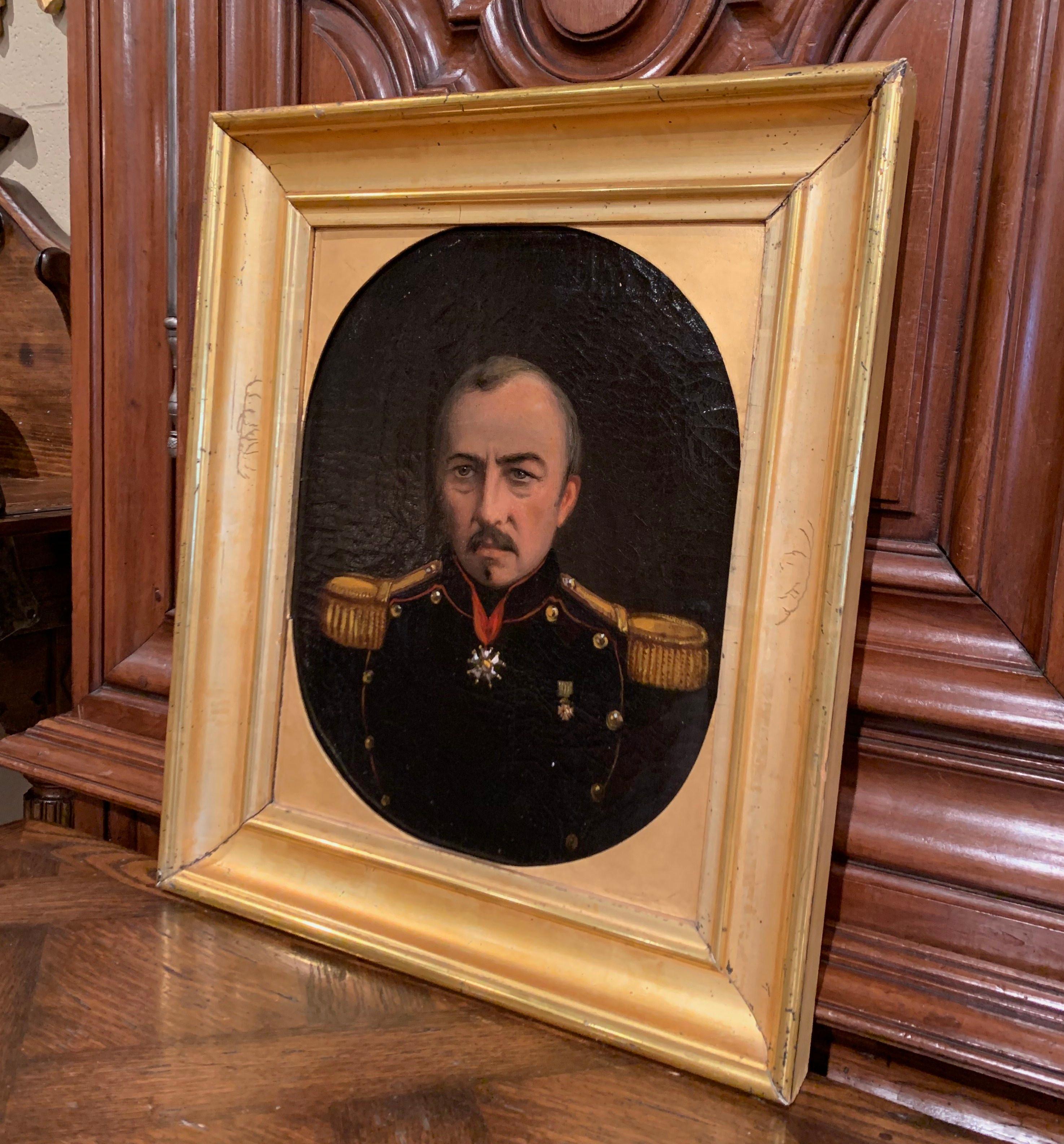 Hand-Painted 19th Century French Napoleon III Oil on Canvas Portrait in Gilt Frame For Sale