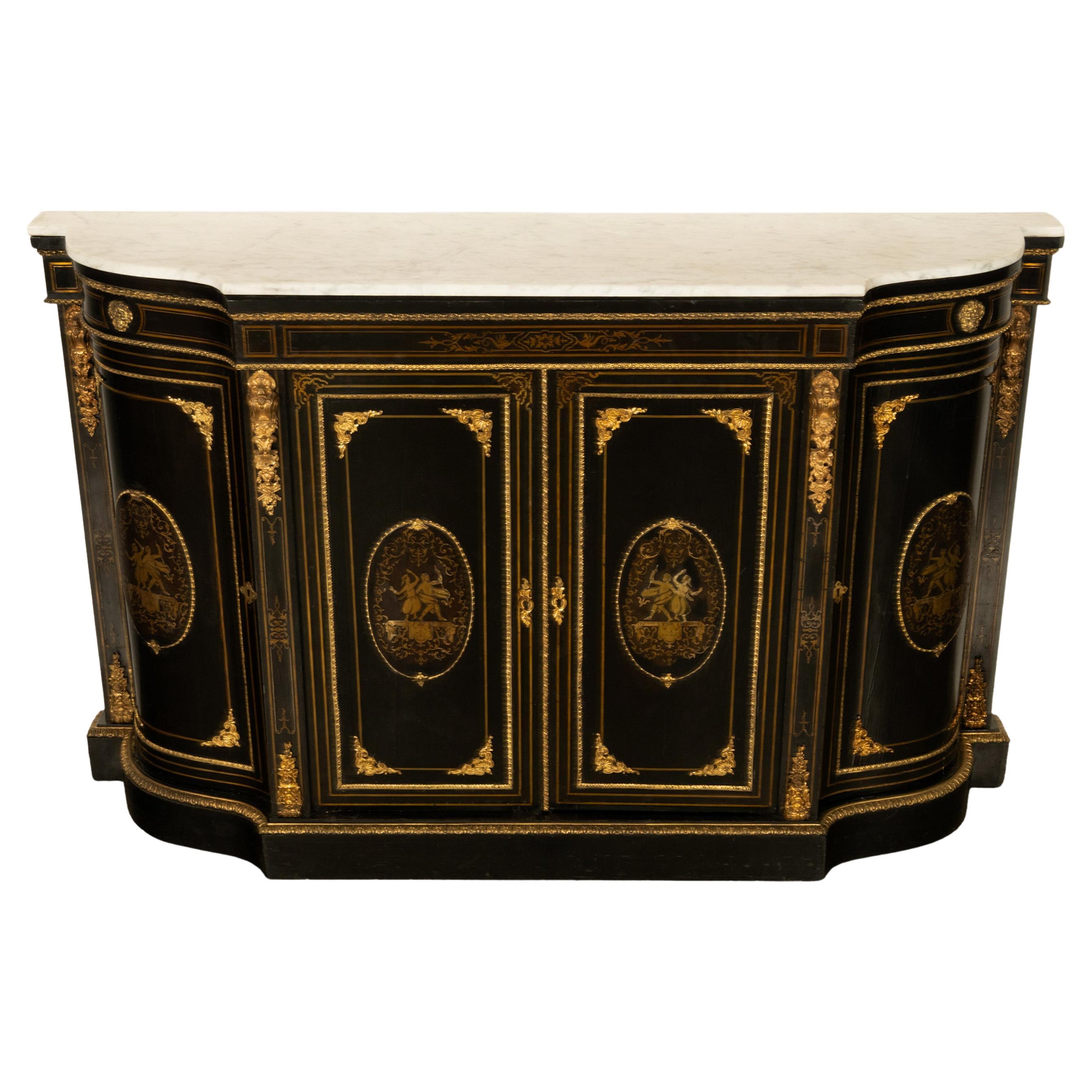19th Century French Napoleon III Ormolu & Marble Ebonized Cabinet Sideboard 1860