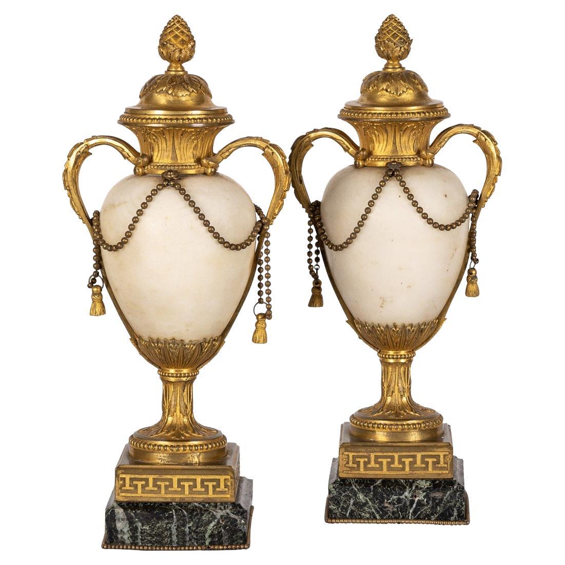 19th Century French Napoleon III Ormolu & White Marble Urns, circa 1850 For Sale