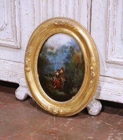 Tableau français du 19ème siècle Napoléon III Ovale Fixé Sous Verre dans un cadre doré