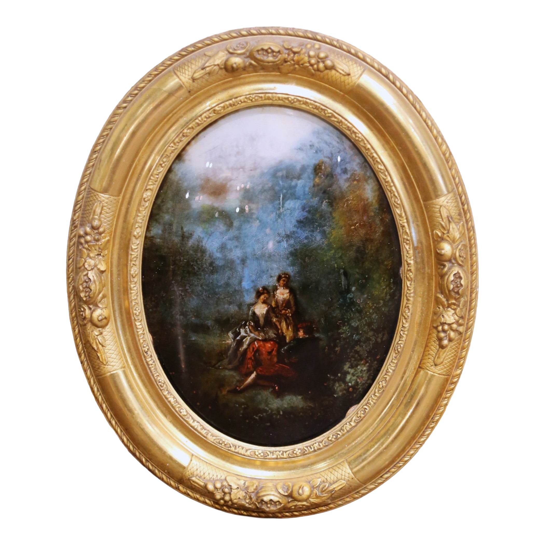 19th Century French Napoleon III Oval Fixé Sous Verre Painting in Gilt Frame