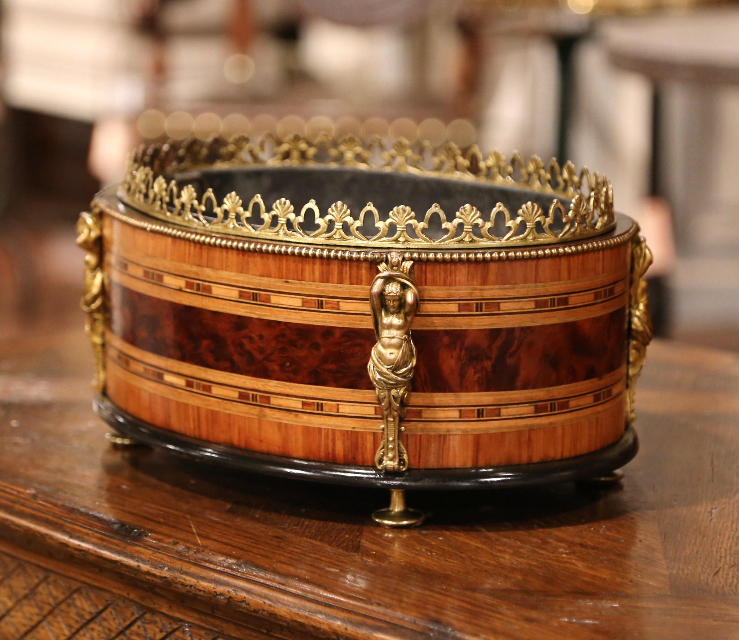 19th Century French Napoleon III Oval Inlay Marquetry and Bronze Jardinière 7