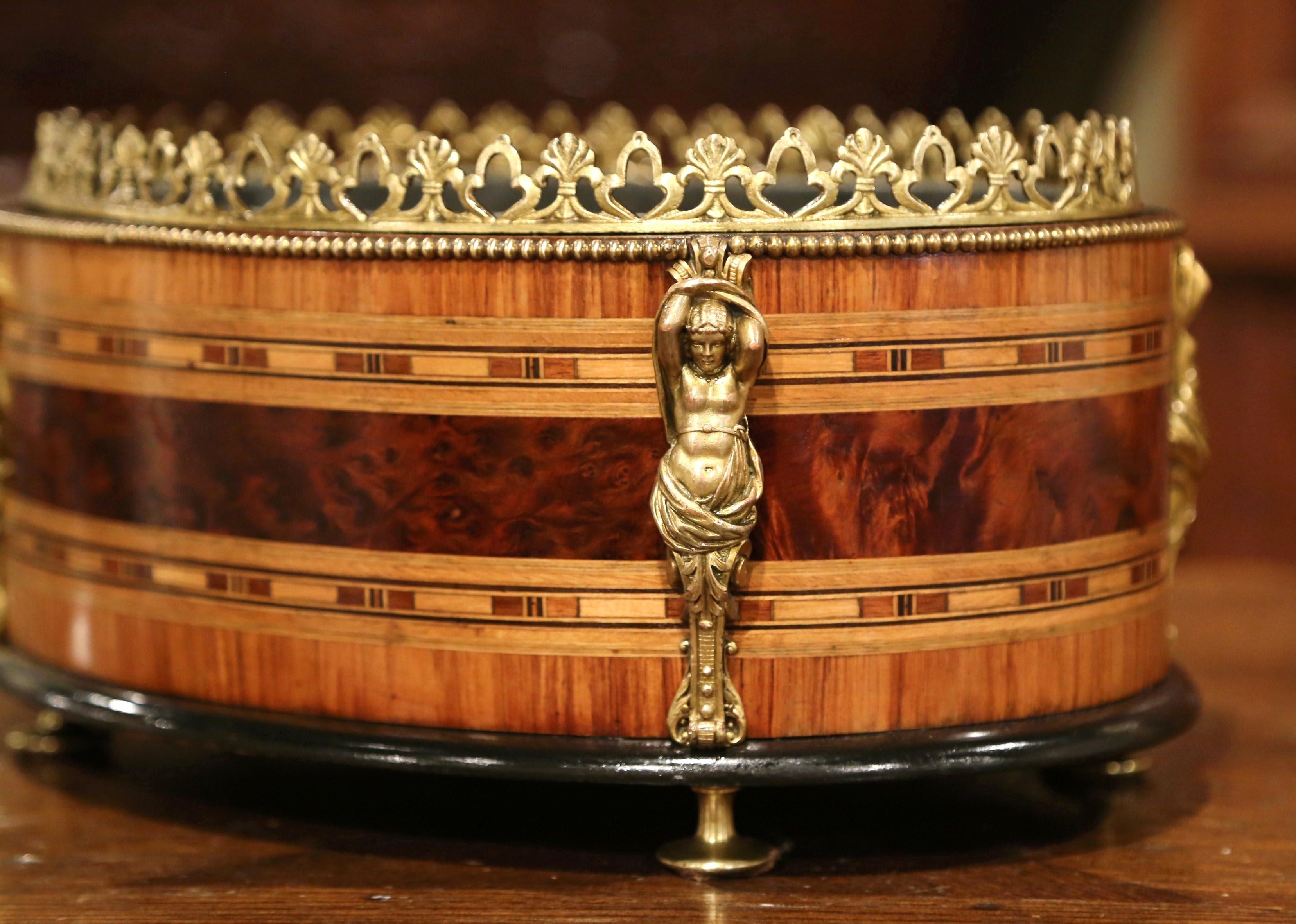 19th Century French Napoleon III Oval Inlay Marquetry and Bronze Jardinière 9