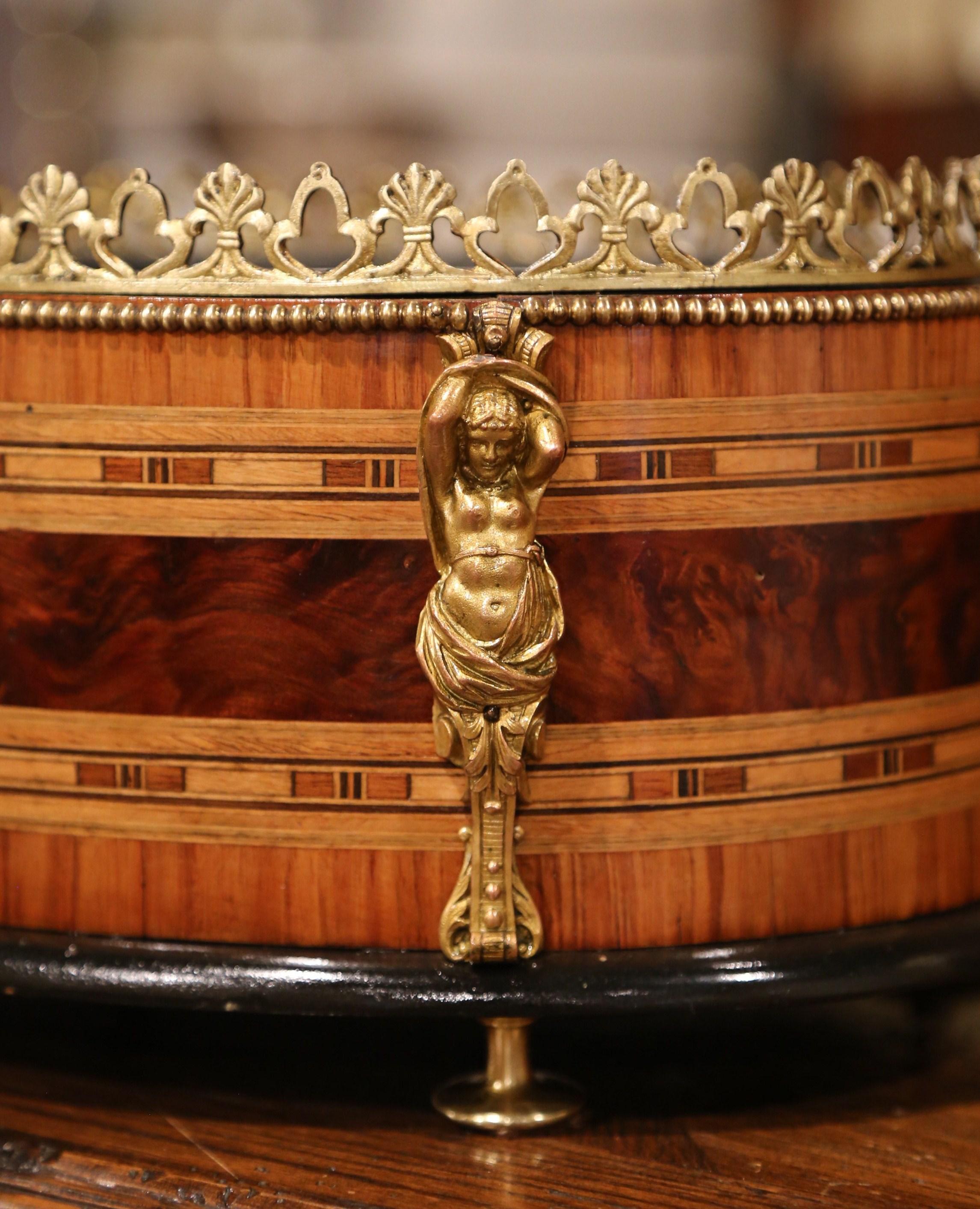19th Century French Napoleon III Oval Inlay Marquetry and Bronze Jardinière In Excellent Condition In Dallas, TX