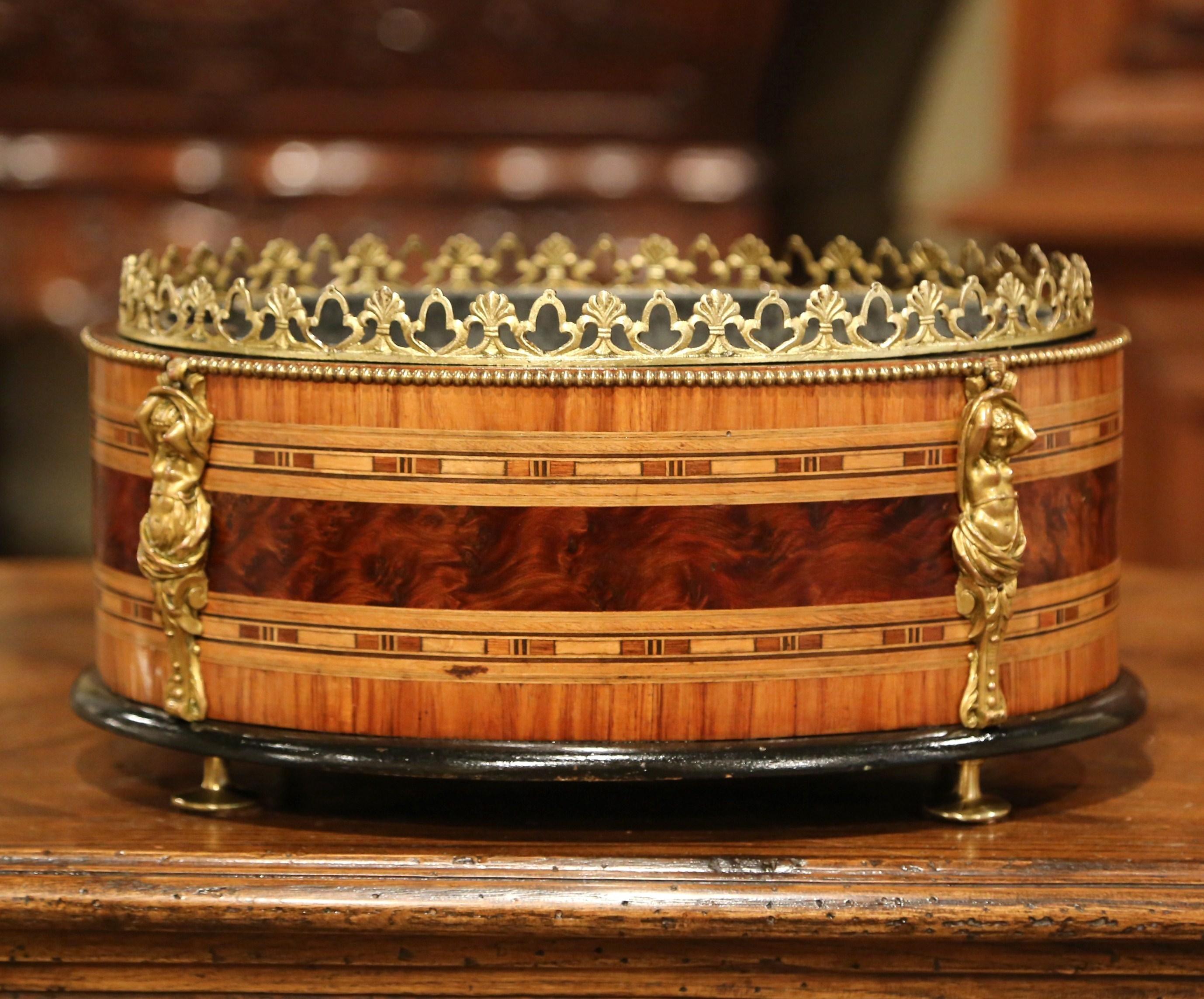 19th Century French Napoleon III Oval Inlay Marquetry and Bronze Jardinière 2