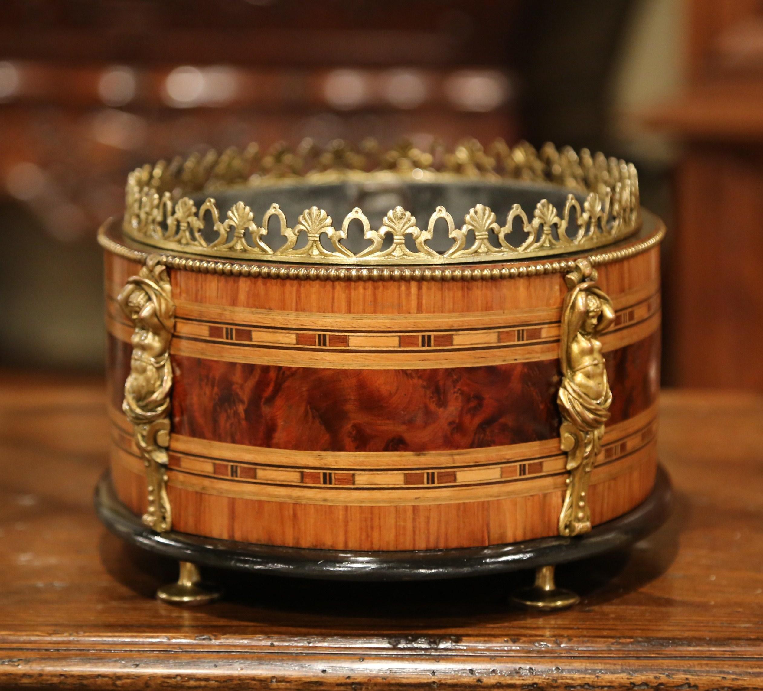 19th Century French Napoleon III Oval Inlay Marquetry and Bronze Jardinière 3