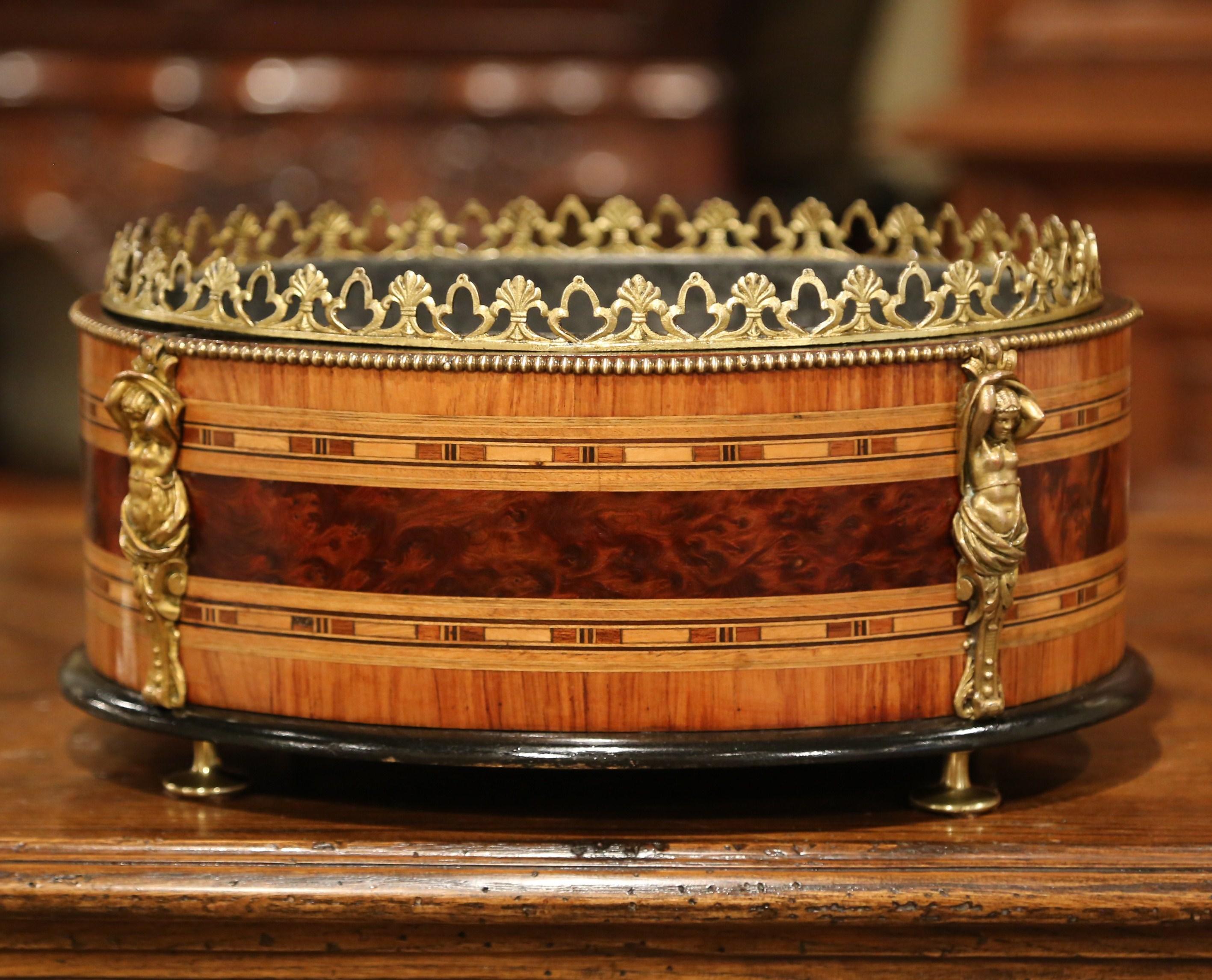 19th Century French Napoleon III Oval Inlay Marquetry and Bronze Jardinière 4